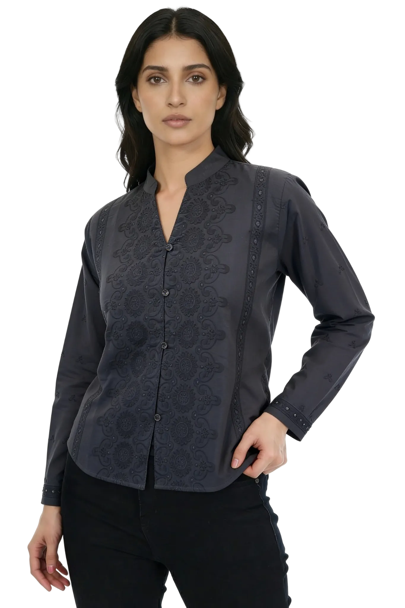 Noir Élan Embroidered Band-Collar Shirt