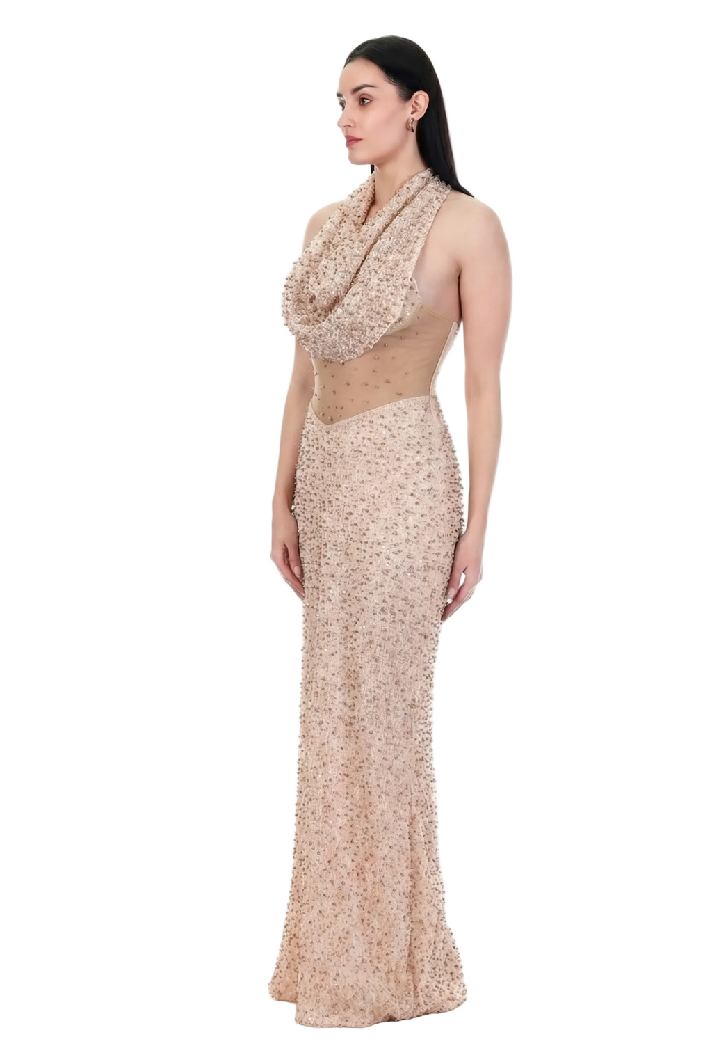 Champagne Veil Embellished Halter Gown