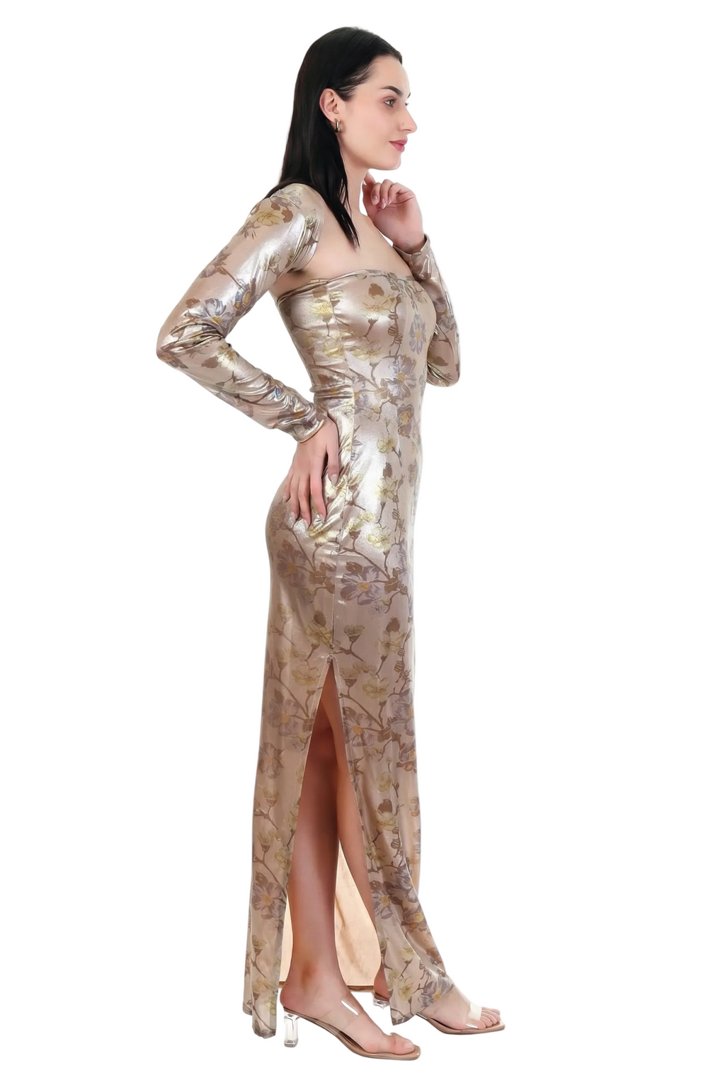 Aurette Metallic Floral Long-Sleeve Maxi Dress