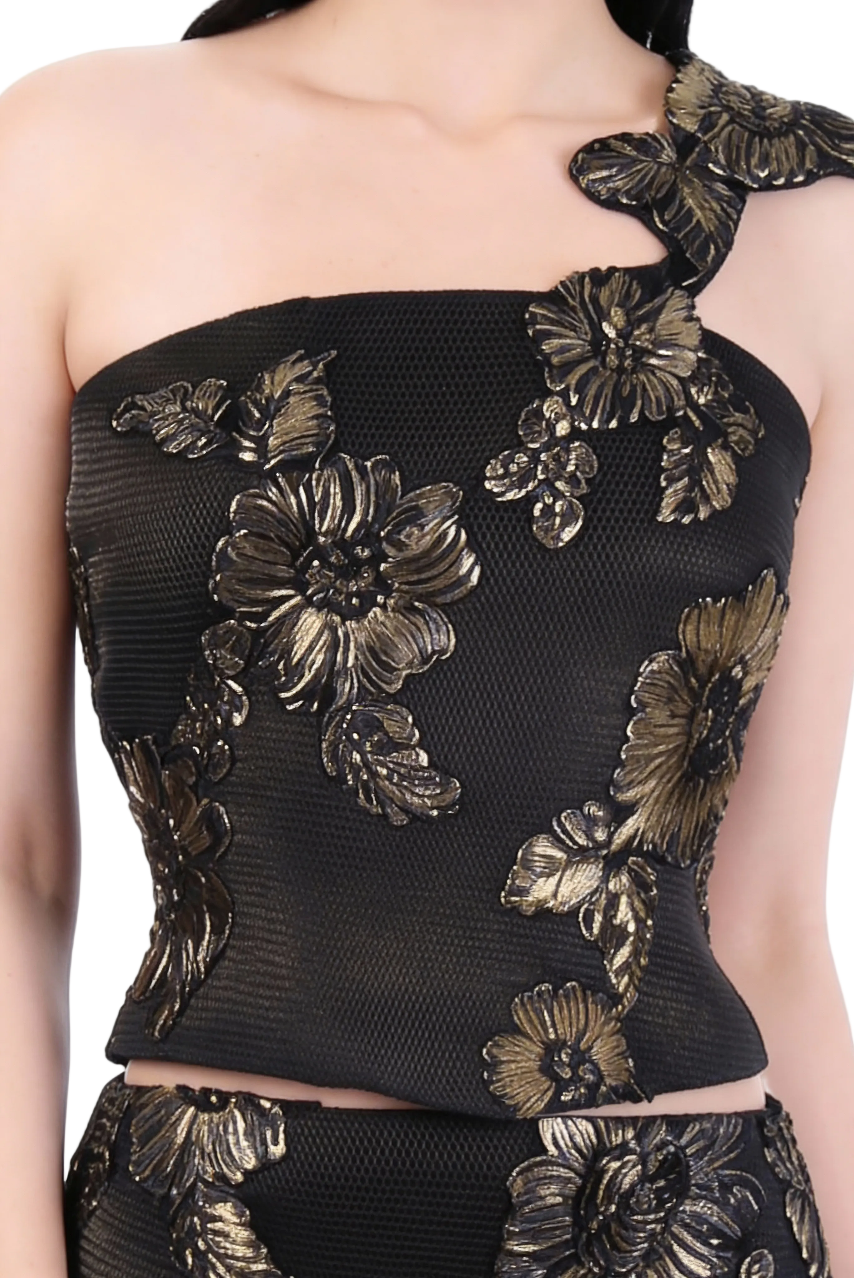 Midnight Bloom Embroidered One Shoulder Top