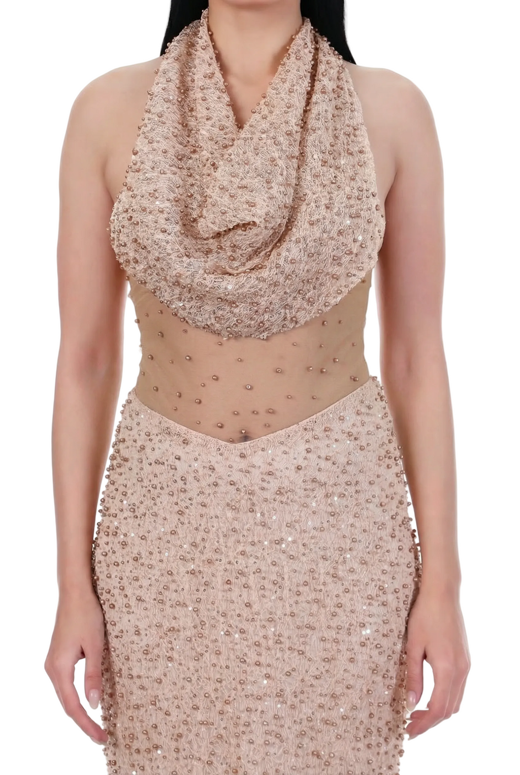 Champagne Veil Embellished Halter Gown