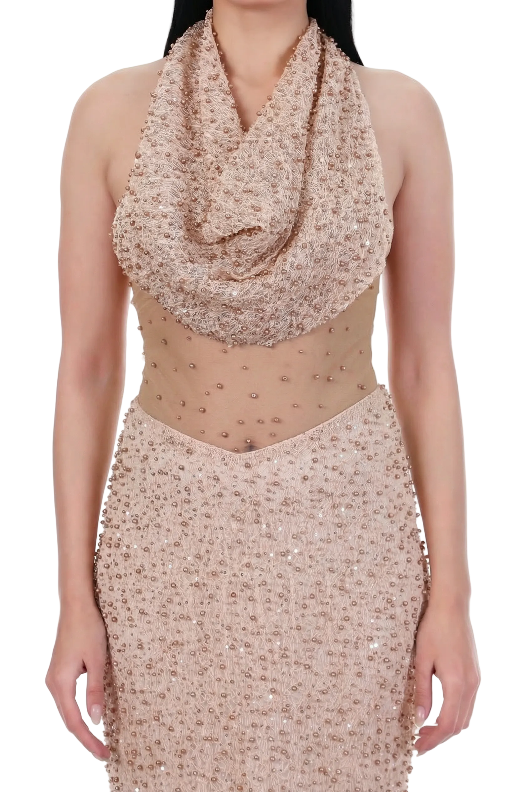 Champagne Veil Embellished Halter Gown