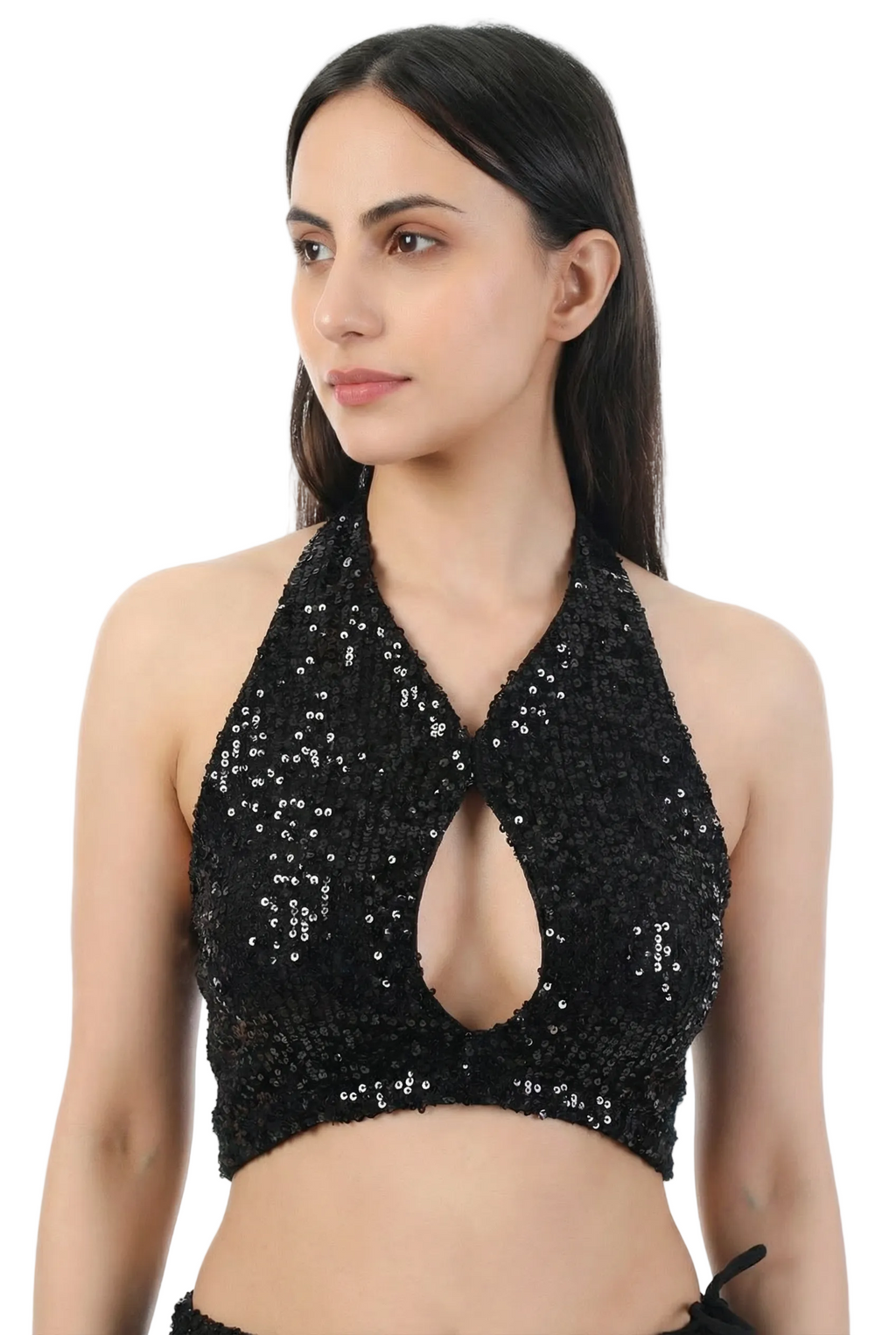 Black-Silver Halter Sequin Crop Top