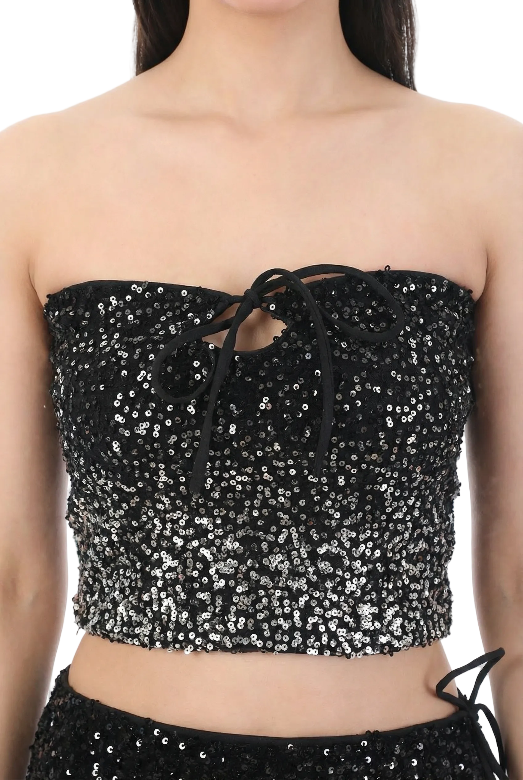 Black-Silver Sequin Bandeau Top