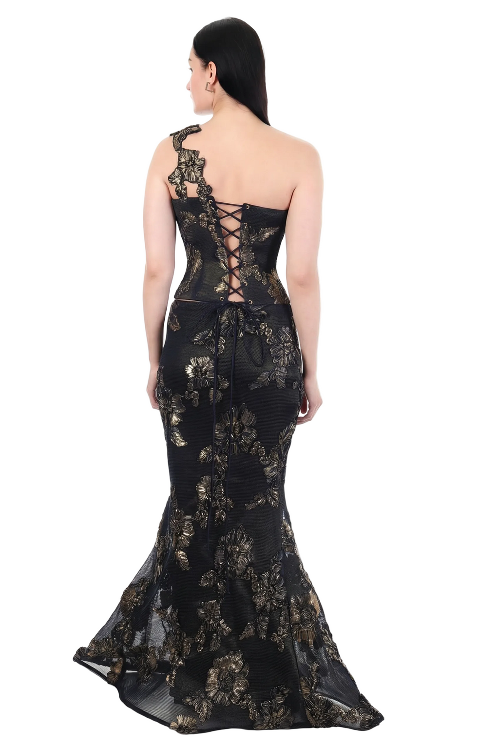 Midnight Bloom One-Shoulder Embroidered Co-Ord Set