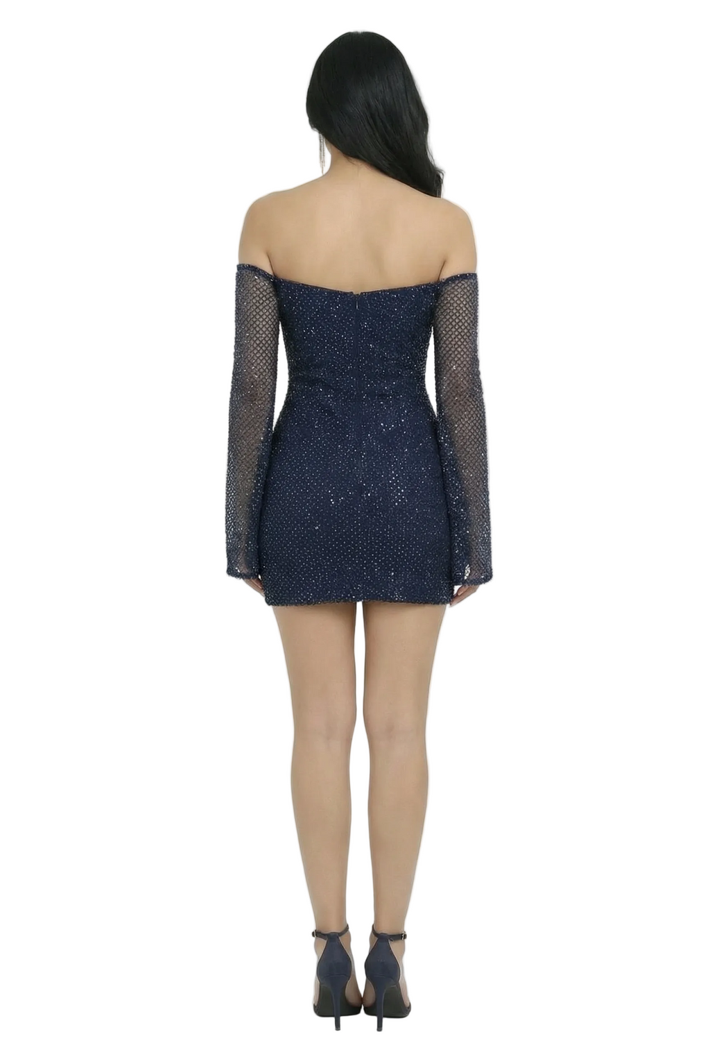 Midnight Blue Sapphire Off-Shoulder Embellished Mini Dress