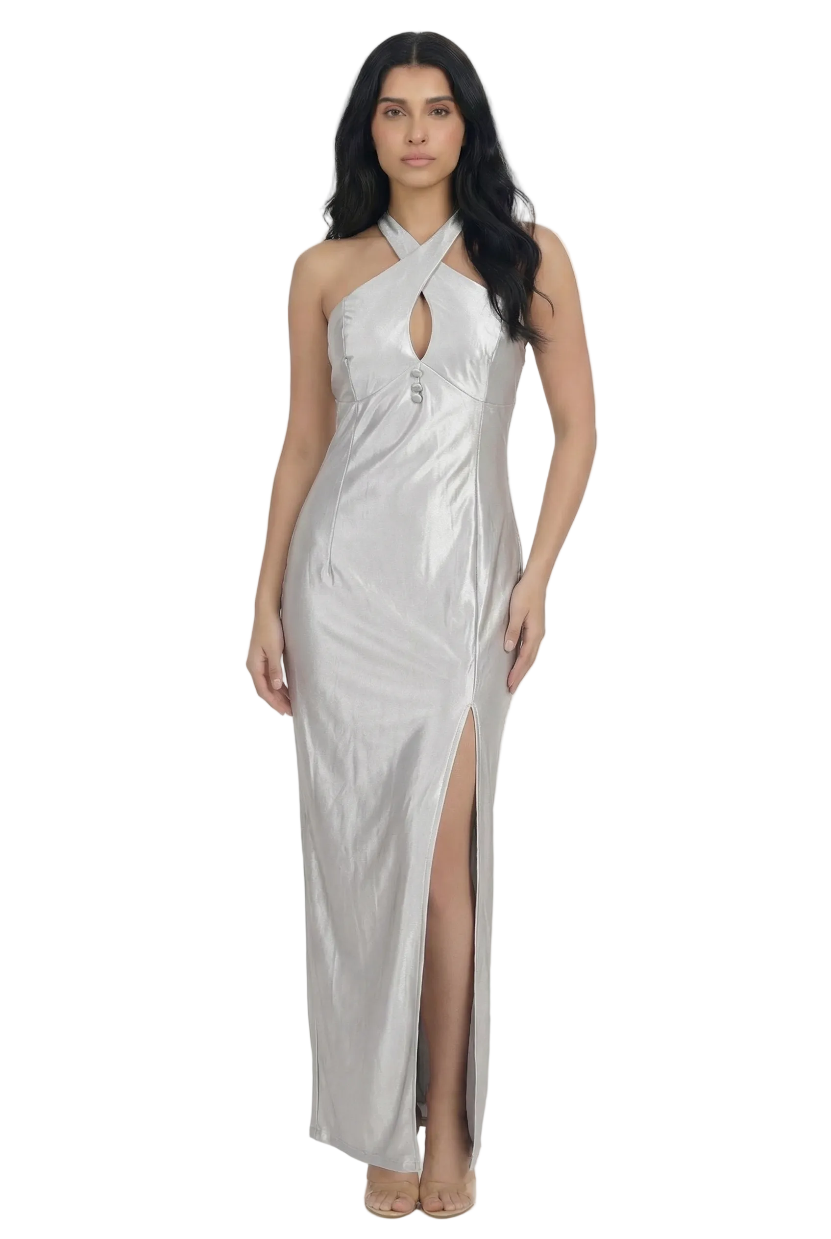 Lustre Élan Cross-Neck Satin Evening Gown