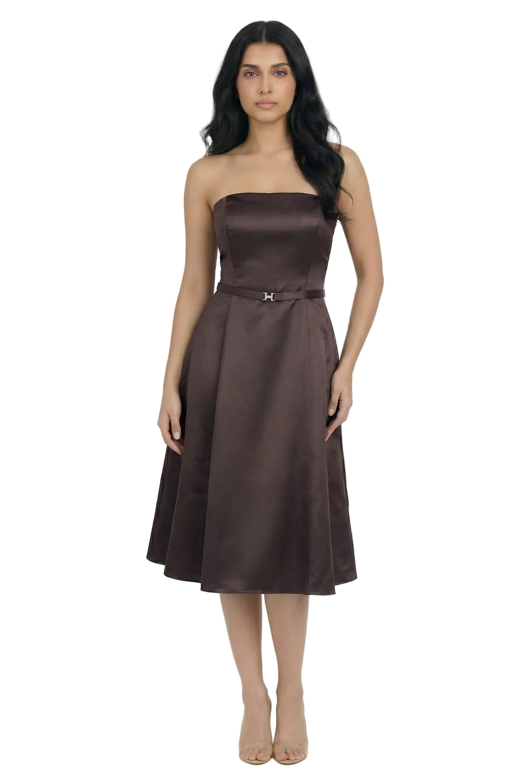 Espresso Élan Strapless Satin Midi Dress