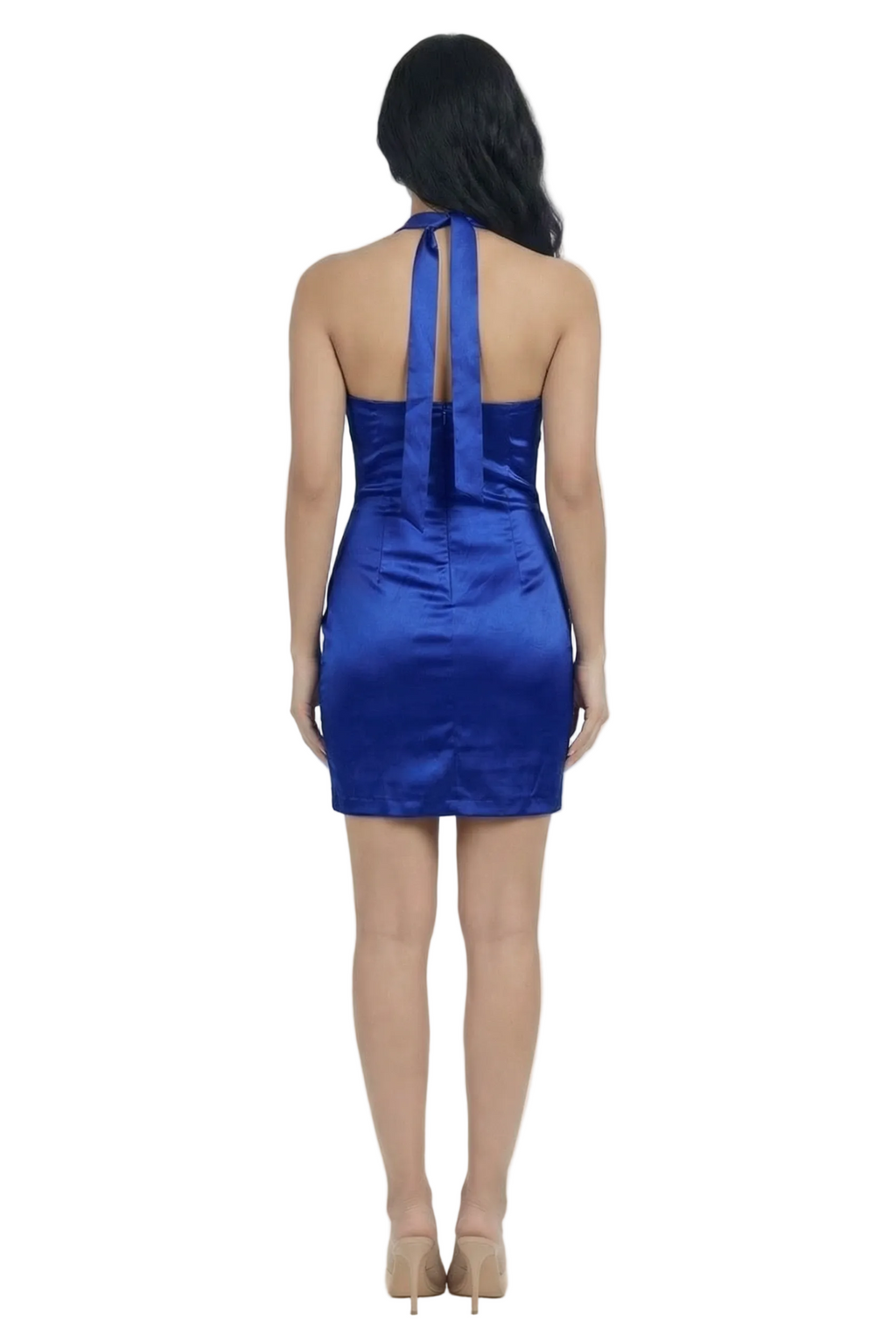 Cobalt Siren Halter Satin Mini Dress