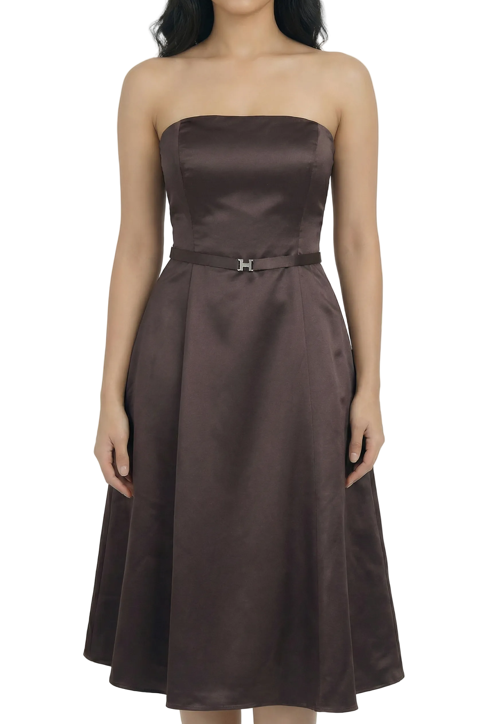 Espresso Élan Strapless Satin Midi Dress