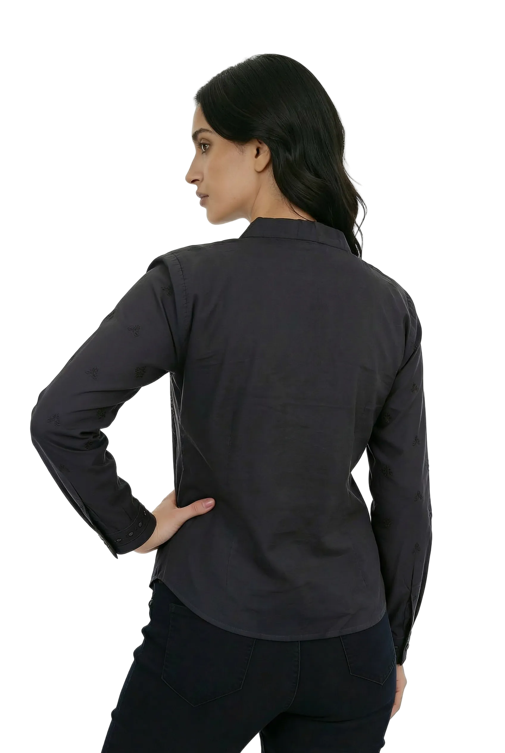 Noir Élan Embroidered Band-Collar Shirt