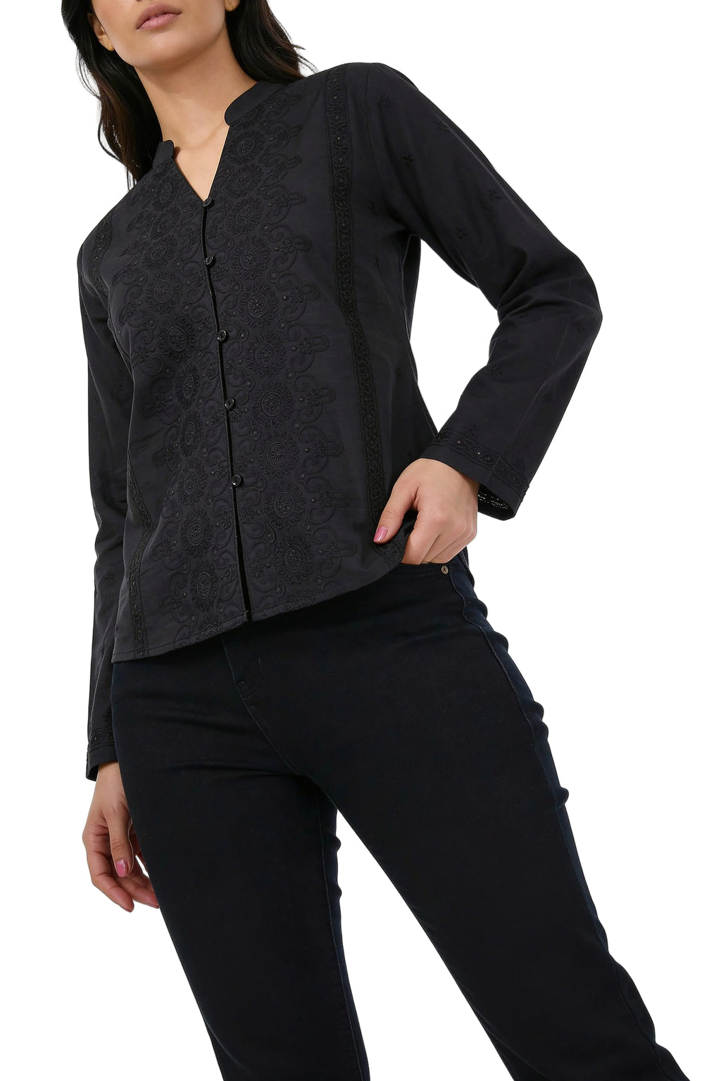 Noir Élan Embroidered Band-Collar Shirt