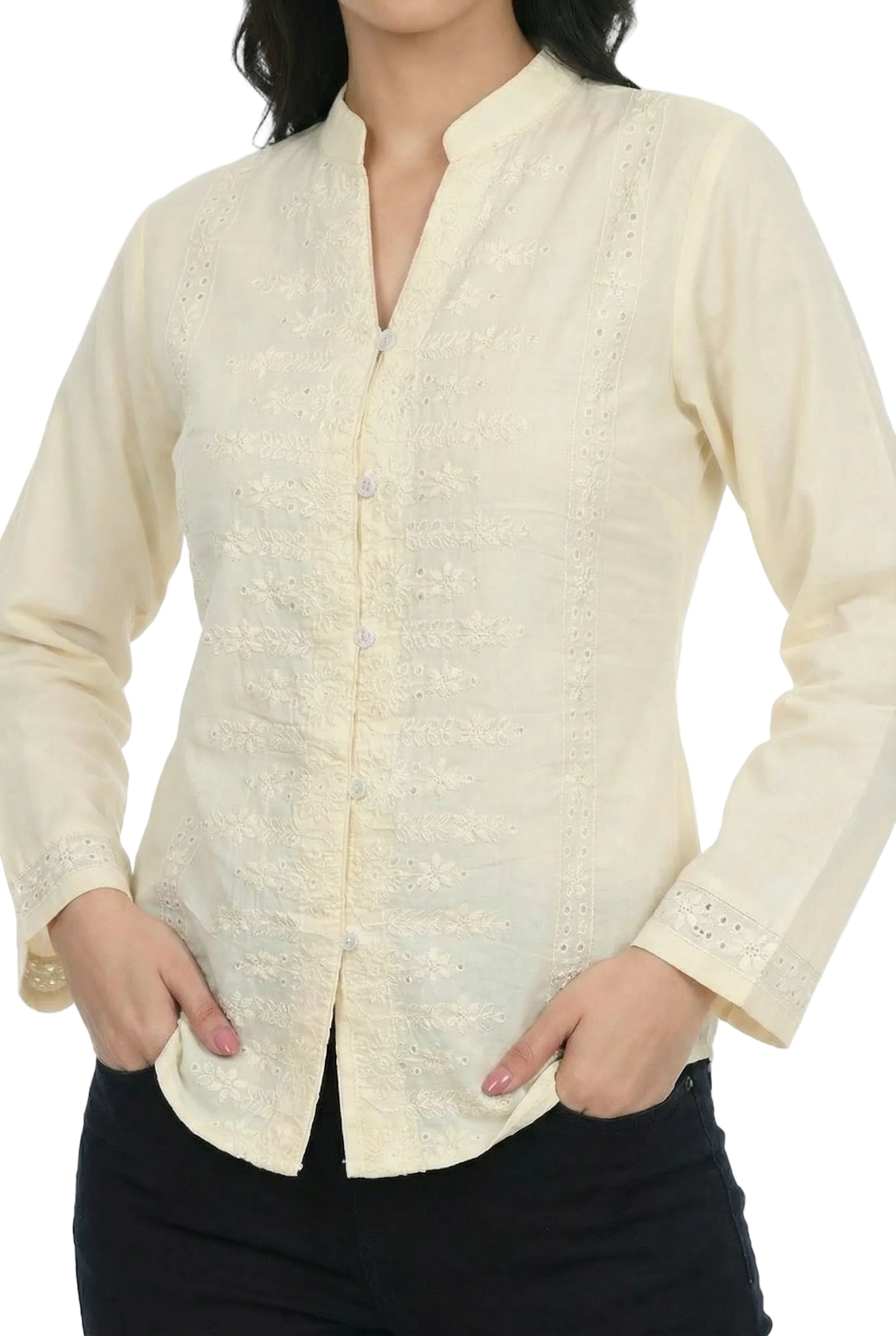 Ecru Noor Embroidered Band-Collar Shirt