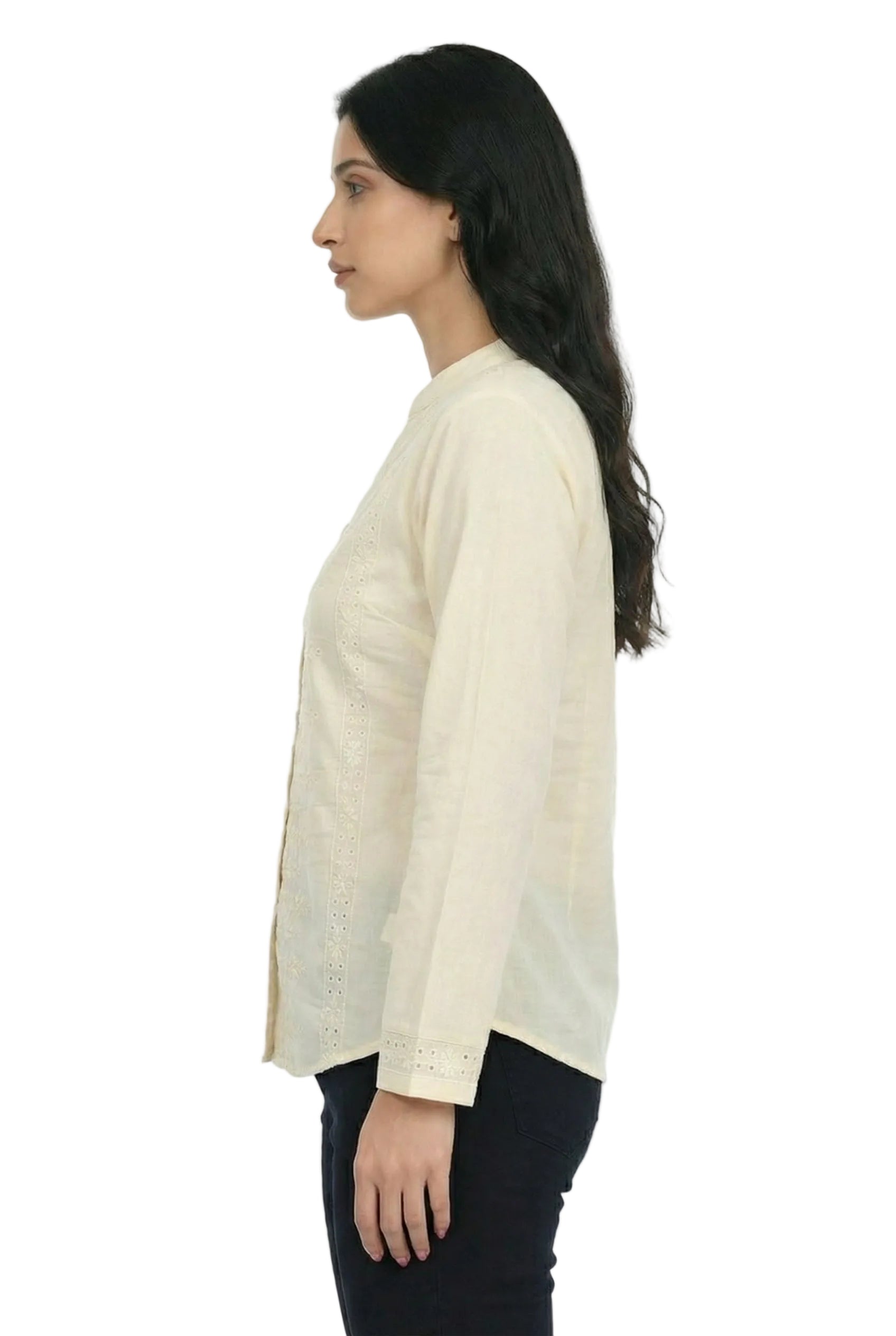 Ecru Noor Embroidered Band-Collar Shirt