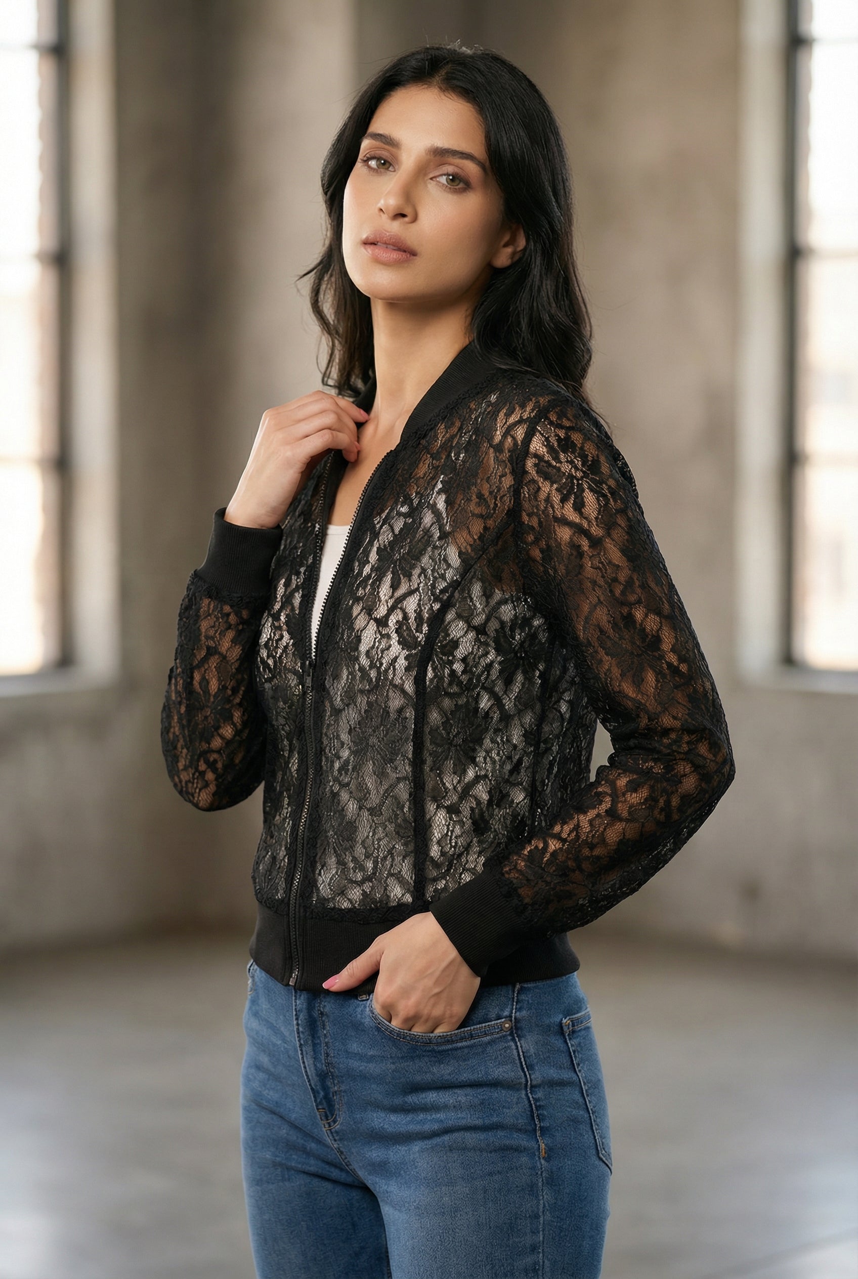 Noir Lace Sheer Embroidered Jacket