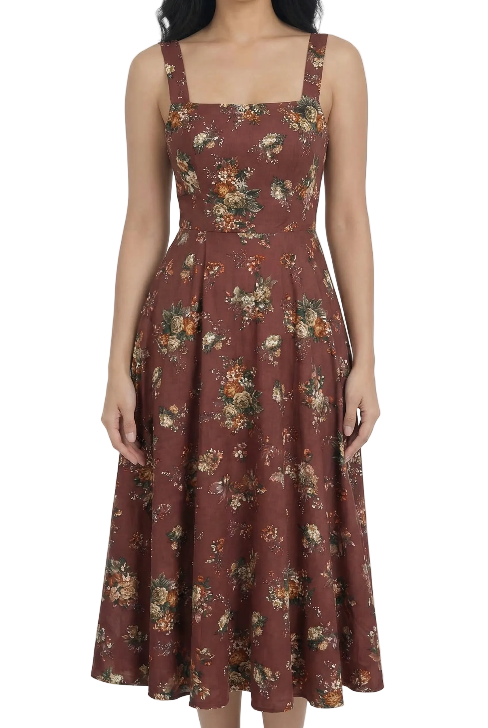 Rust Bloom Square Neck Midi Dress