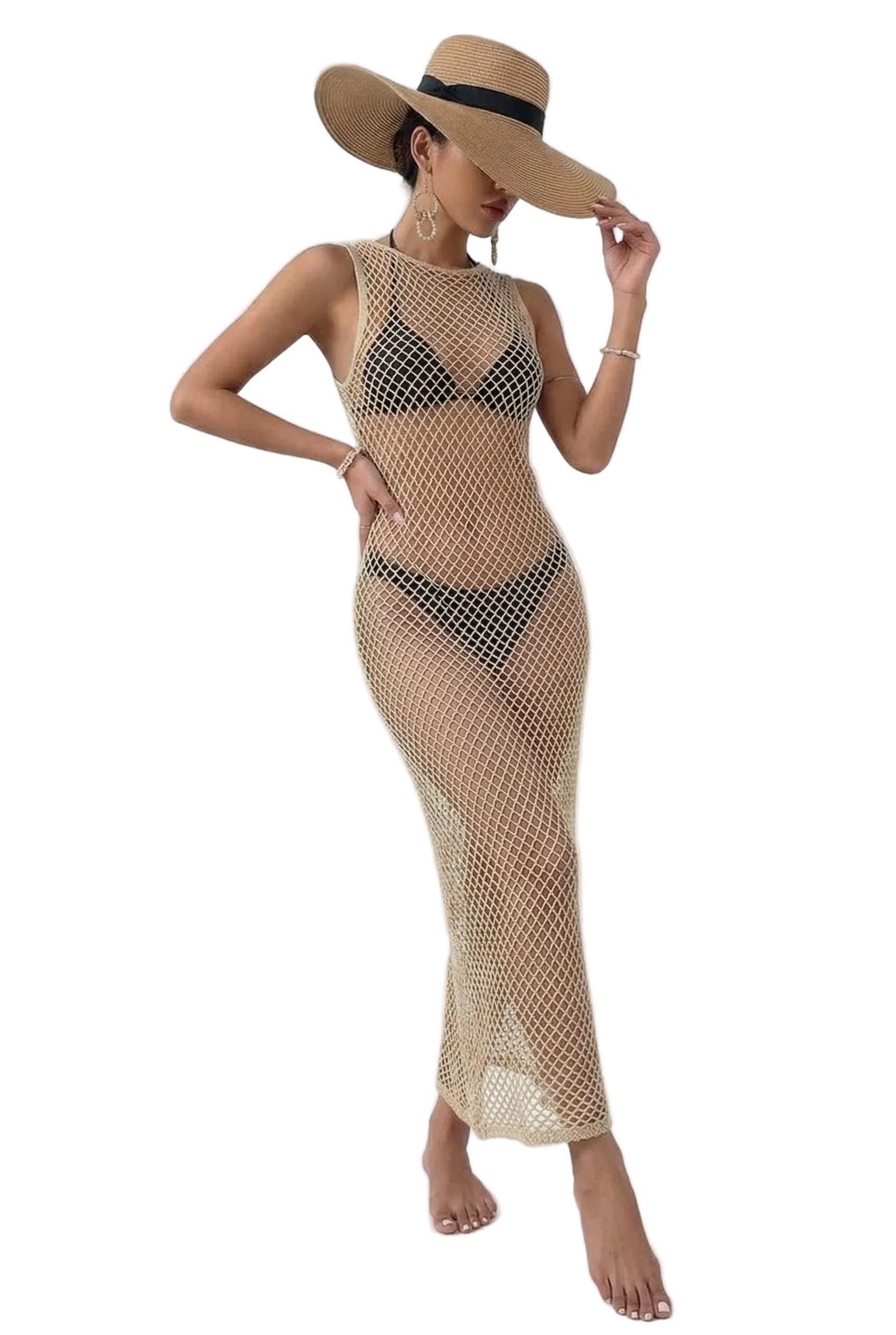 Sand Net Sheer Cover-Up Maxi Dress