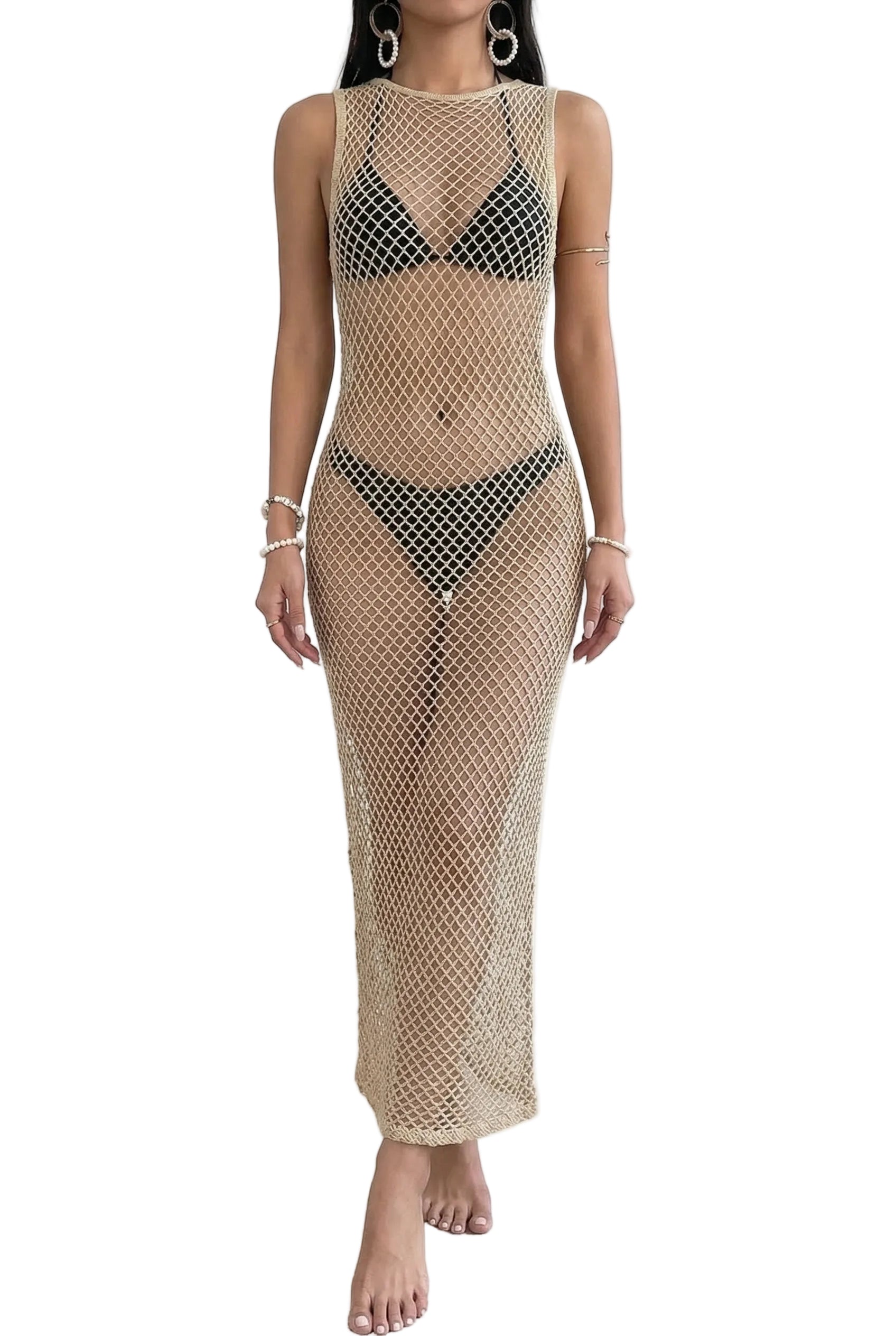 Sand Net Sheer Cover-Up Maxi Dress