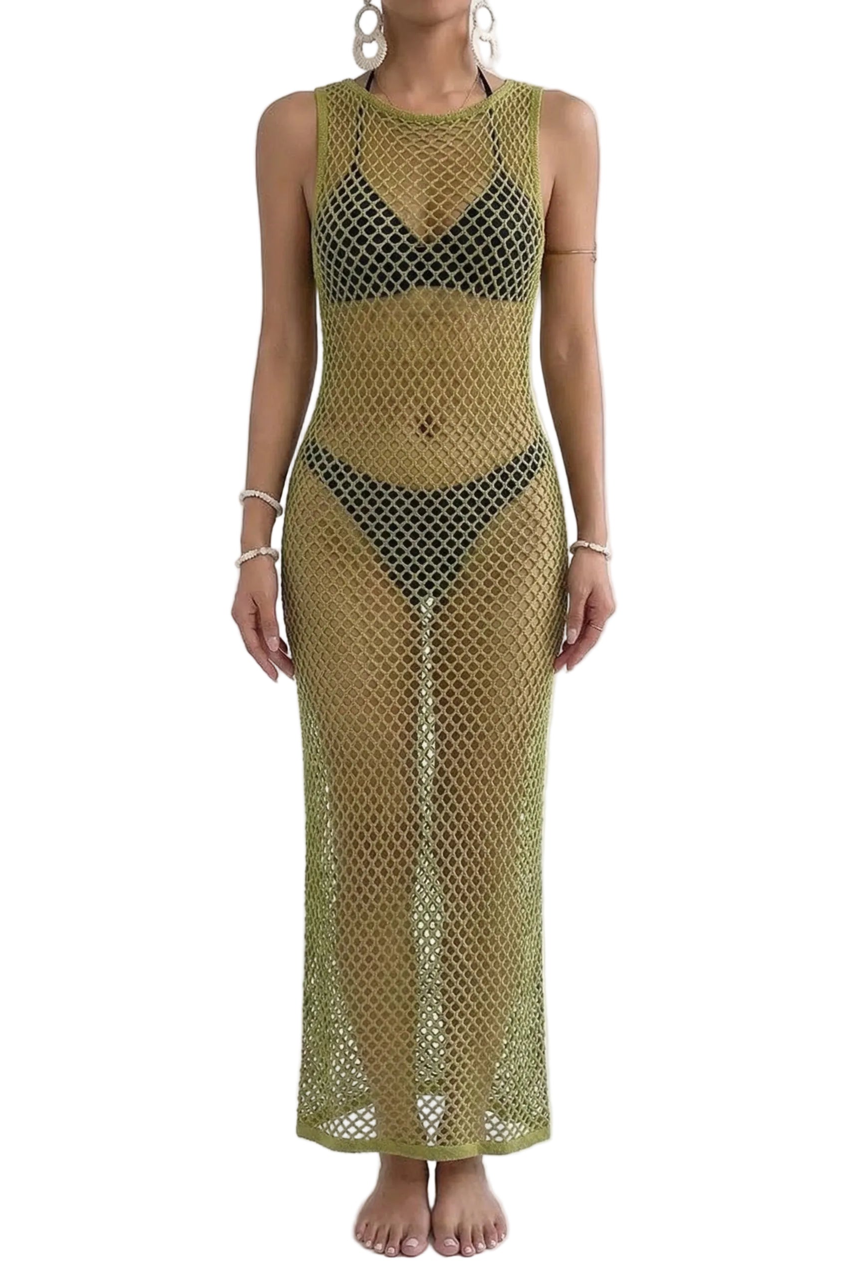 Olive Net Sheer Cover-Up Maxi Dress
