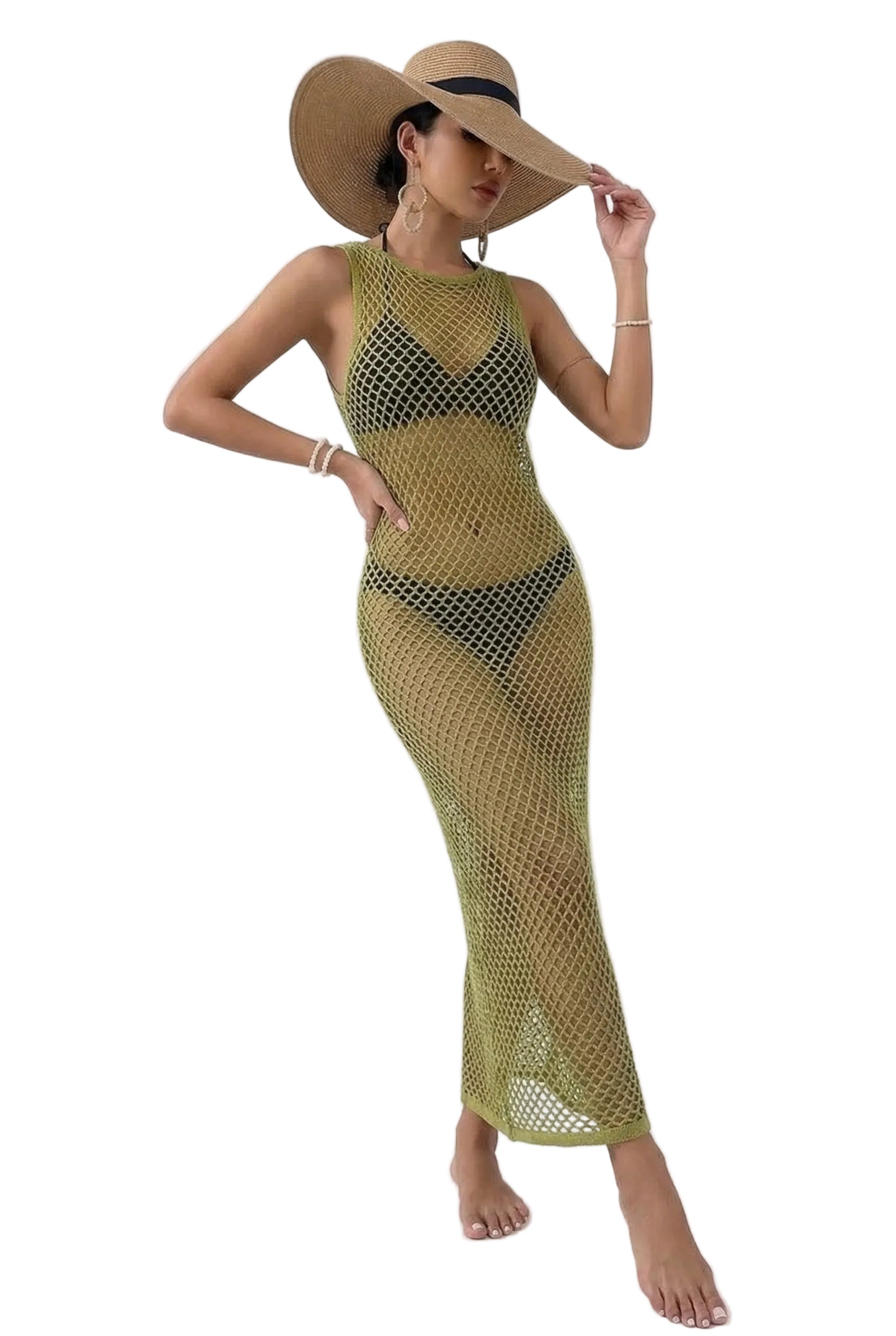 Olive Net Sheer Cover-Up Maxi Dress
