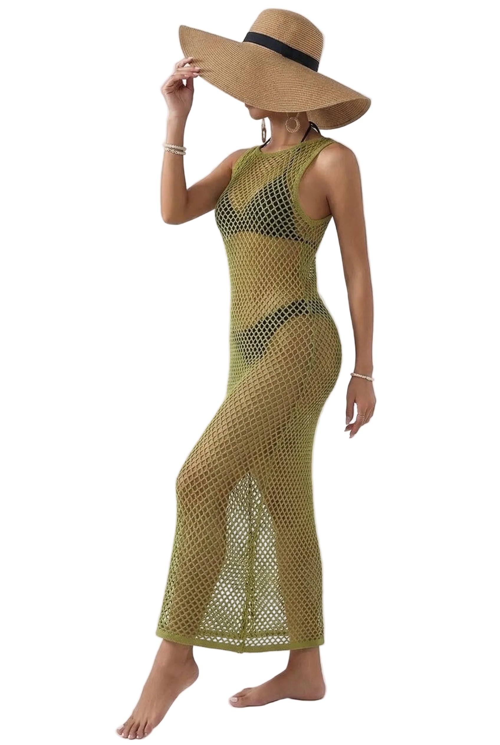 Olive Net Sheer Cover-Up Maxi Dress