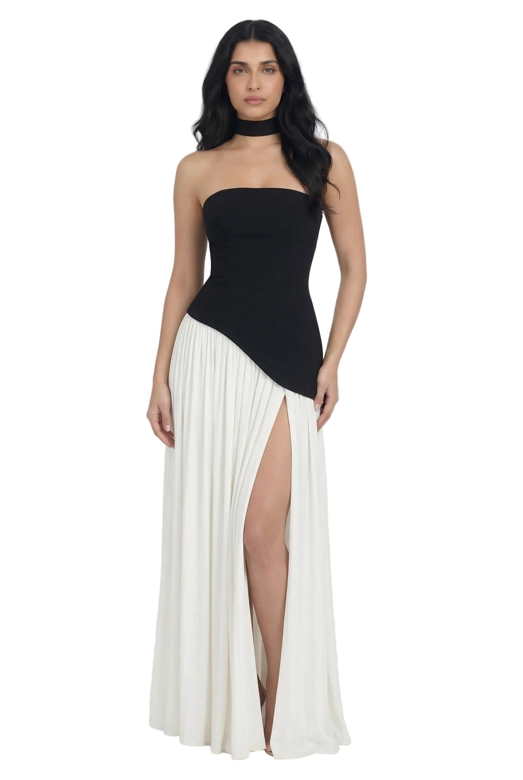 Noir Ivory Asymmetric Scarf Detail Gown
