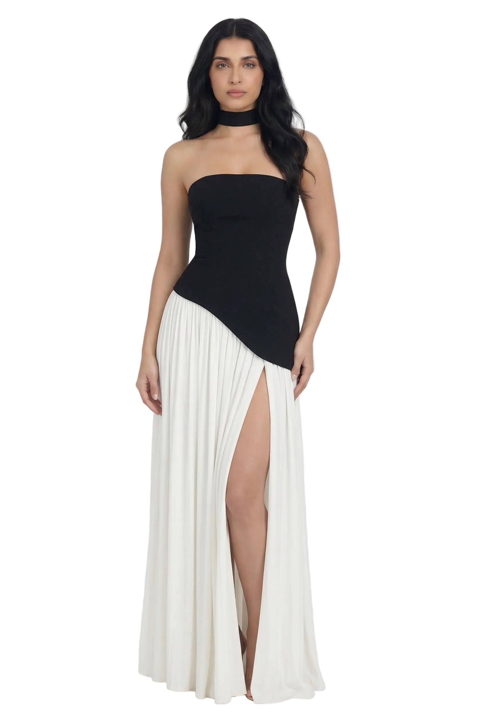 Noir Ivory Asymmetric Scarf Detail Gown