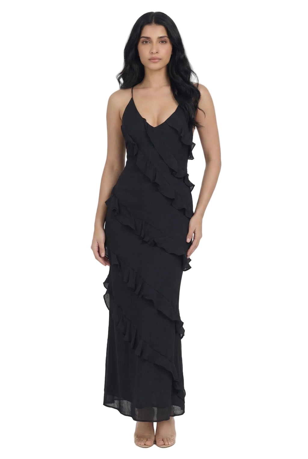 Noir Cascade Ruffle Maxi Dress