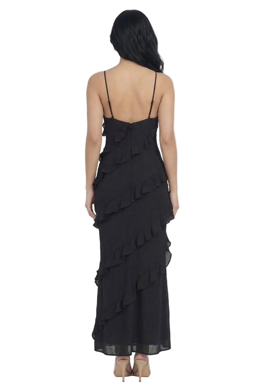 Noir Cascade Ruffle Maxi Dress