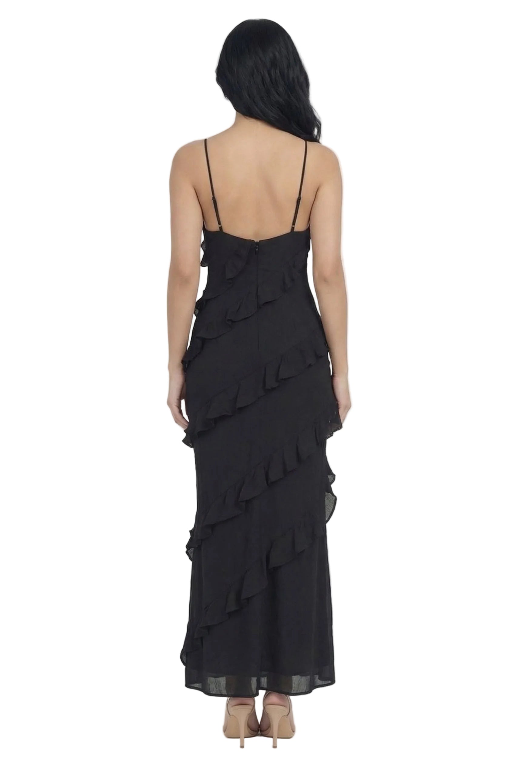 Noir Cascade Ruffle Maxi Dress