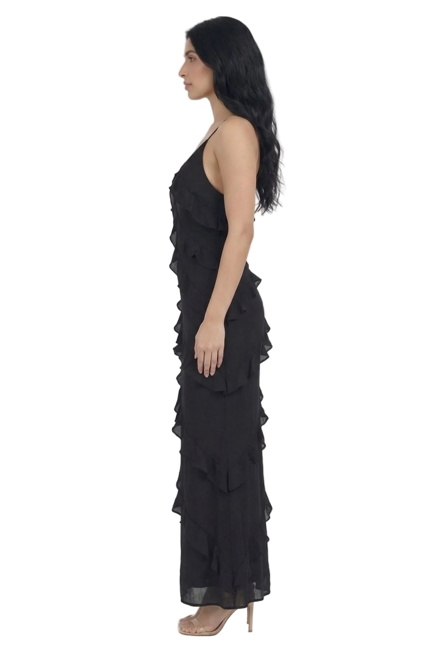 Noir Cascade Ruffle Maxi Dress