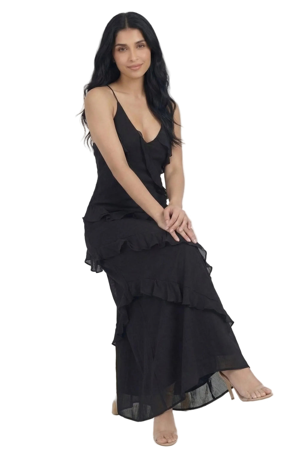 Noir Cascade Ruffle Maxi Dress
