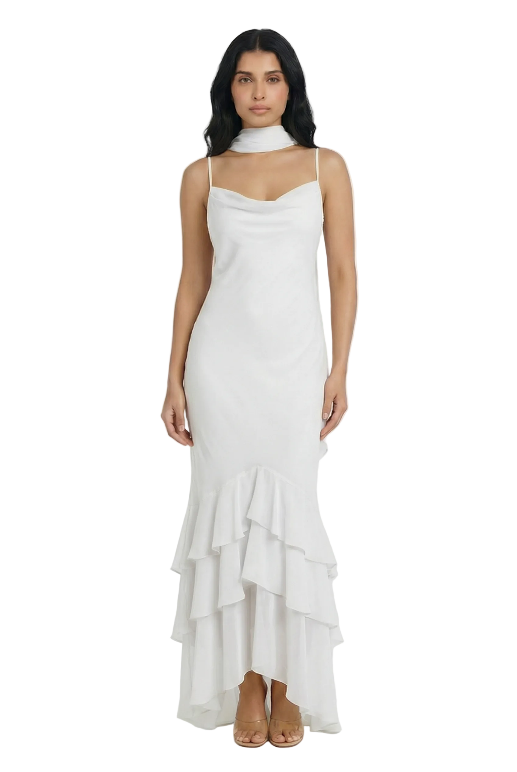 Blossom Cowl Neck Ruffle Hem Maxi Dress with Scarf Detail