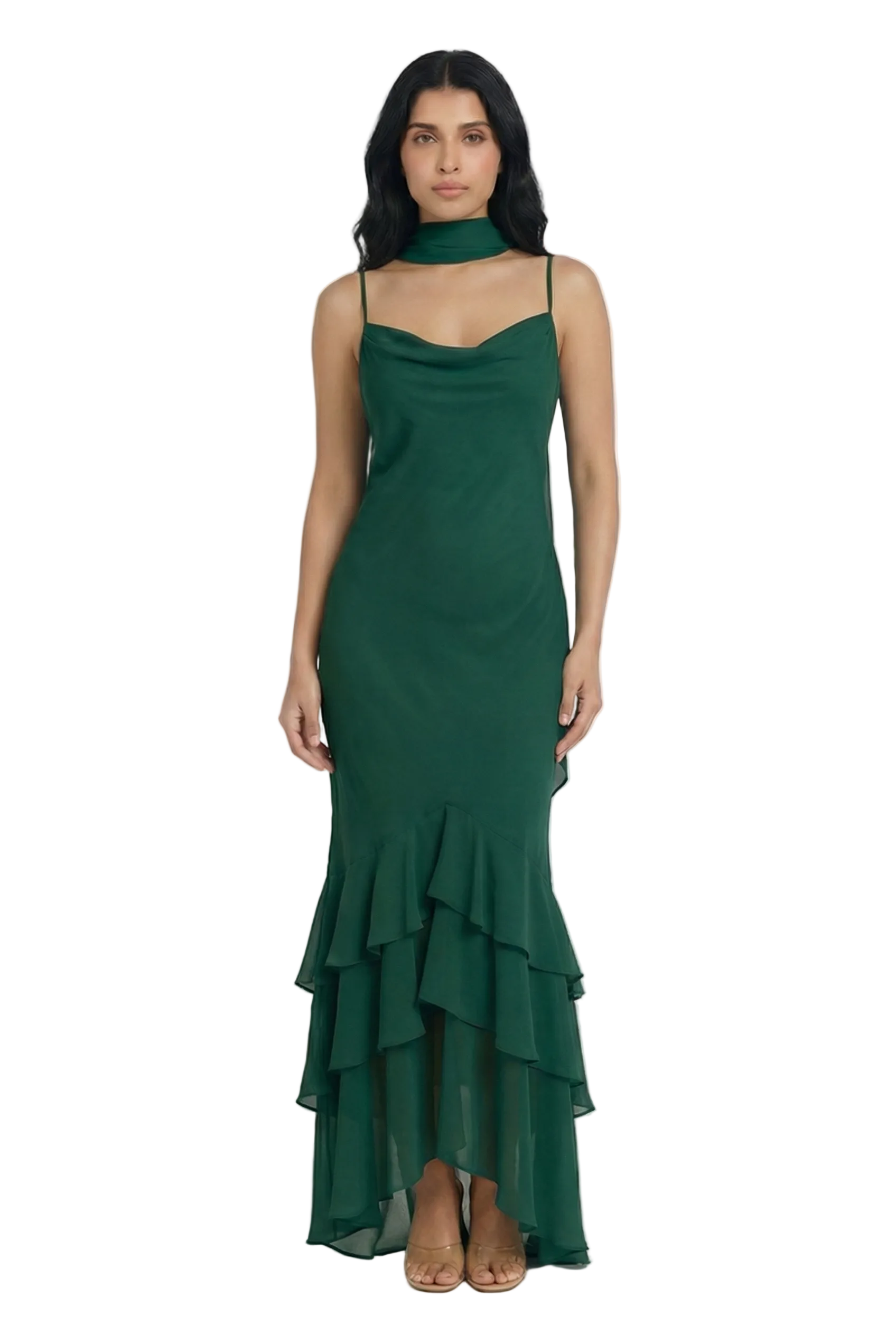 Blossom Cowl Neck Ruffle Hem Maxi Dress with Scarf Detail