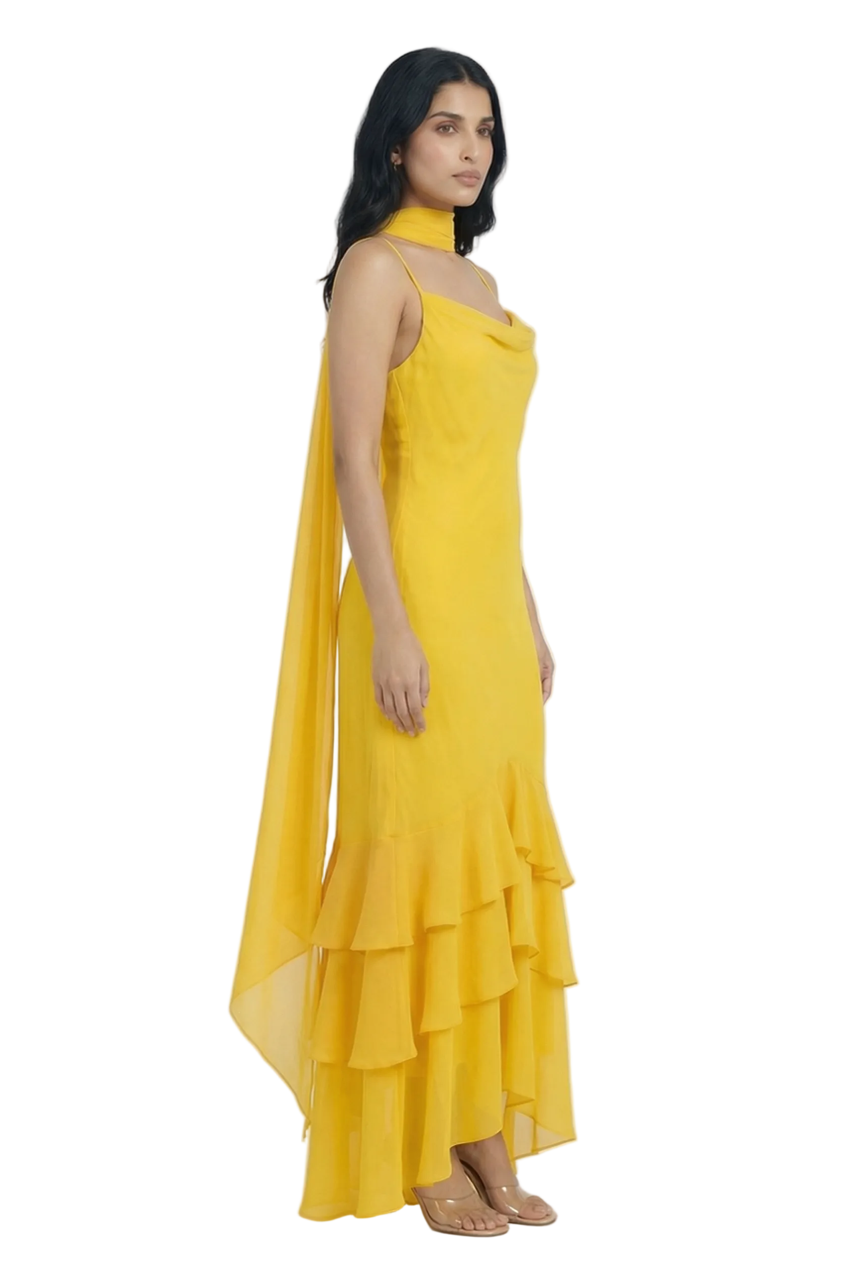 Blossom Cowl Neck Ruffle Hem Maxi Dress with Scarf Detail