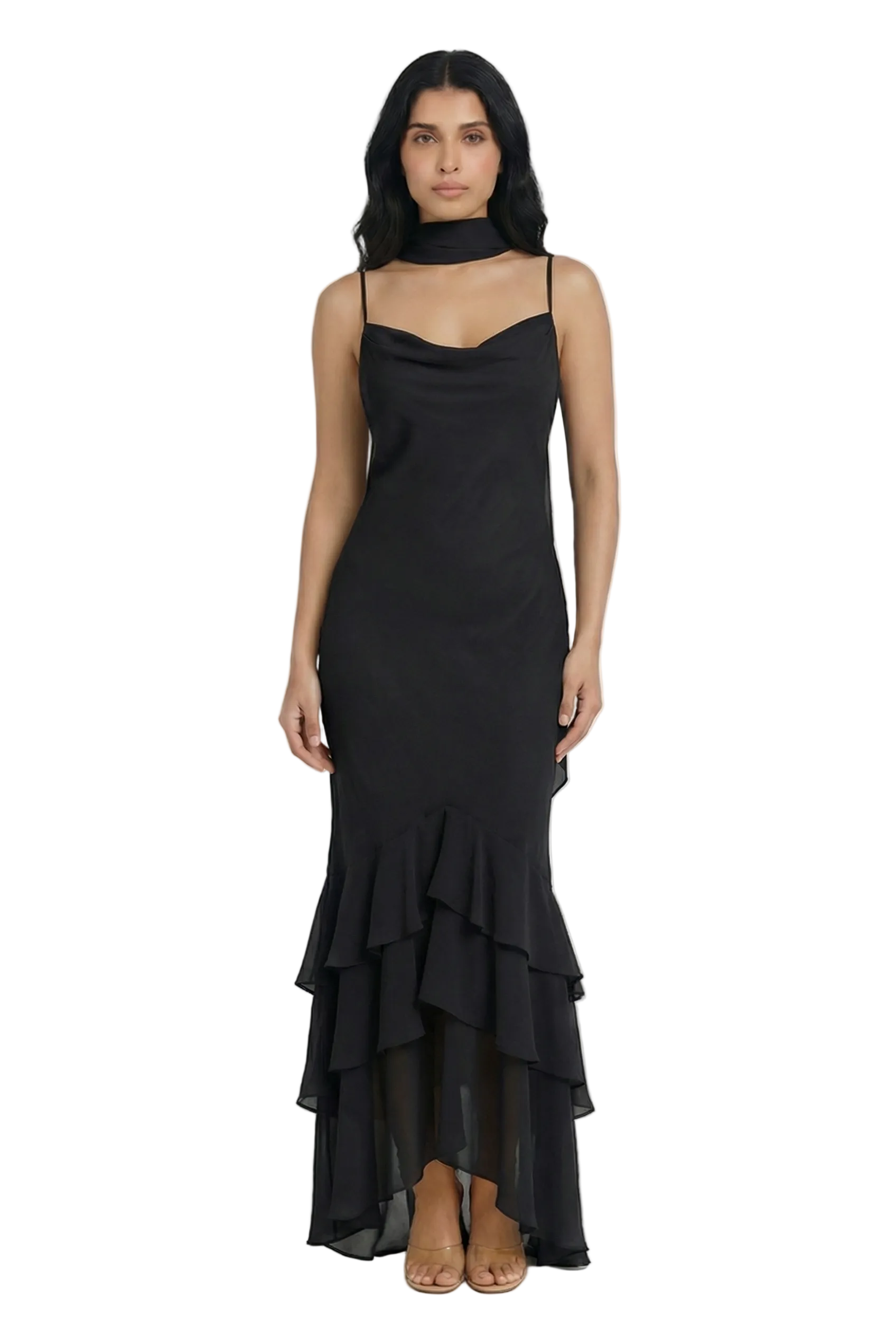Blossom Cowl Neck Ruffle Hem Maxi Dress with Scarf Detail