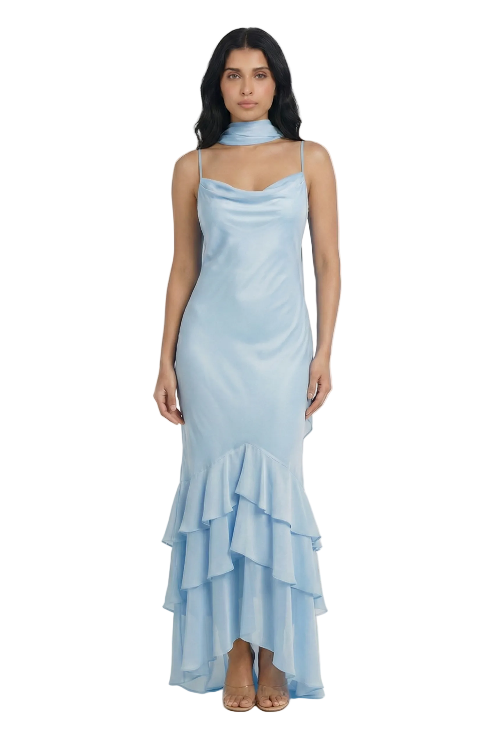 Blossom Cowl Neck Ruffle Hem Maxi Dress with Scarf Detail