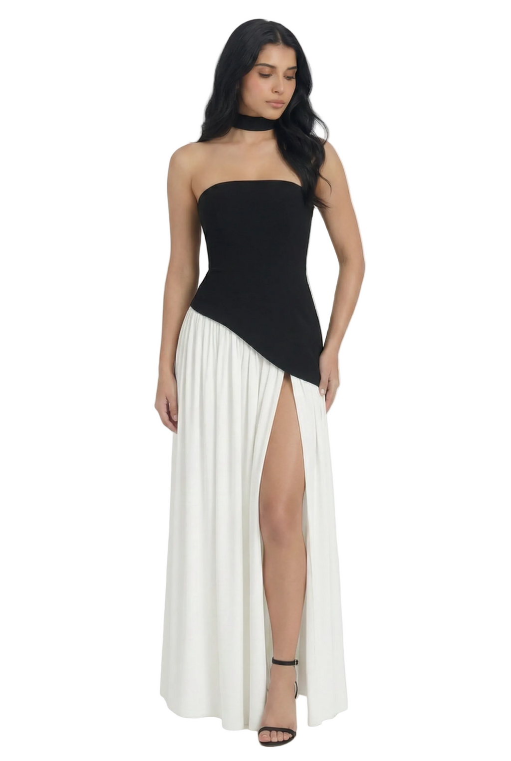 Noir Ivory Asymmetric Scarf Detail Gown