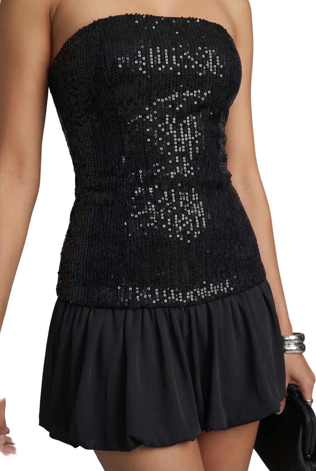 Black Sequin Strapless Mini Dress with Flared Hem
