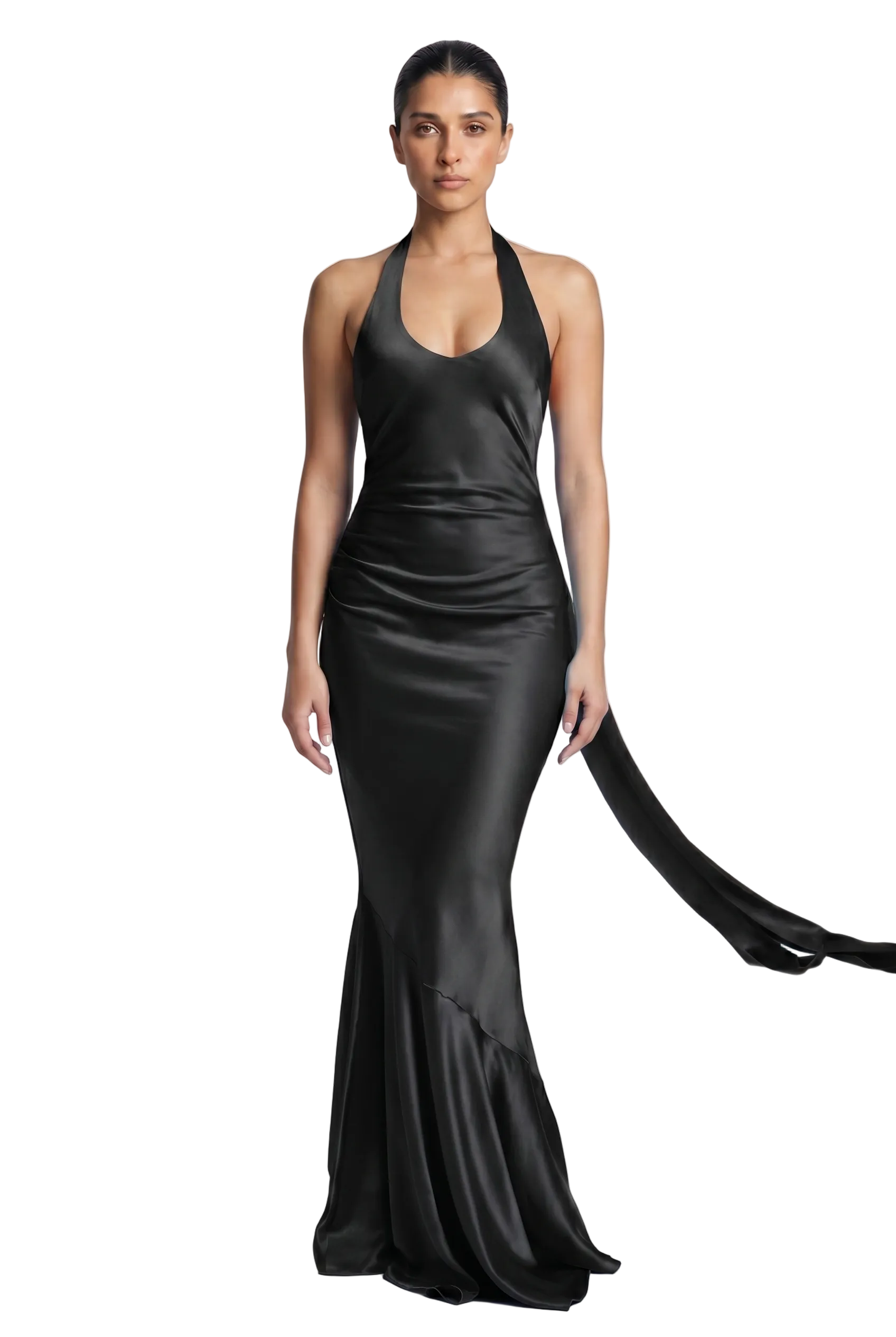 Azure Satin Halter Neck Backless Gown with Scarf Detail