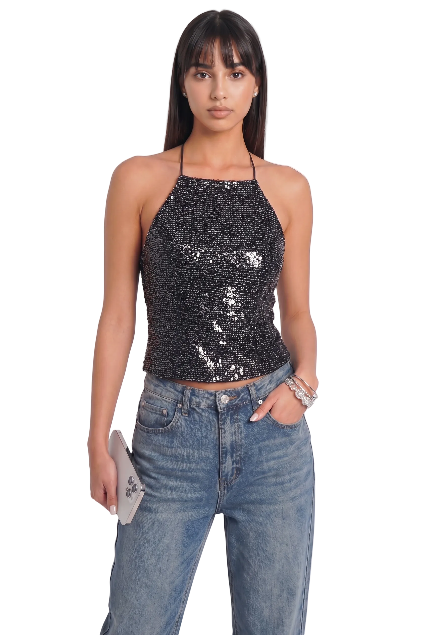 Black Sequin Halter Neck Statement Top