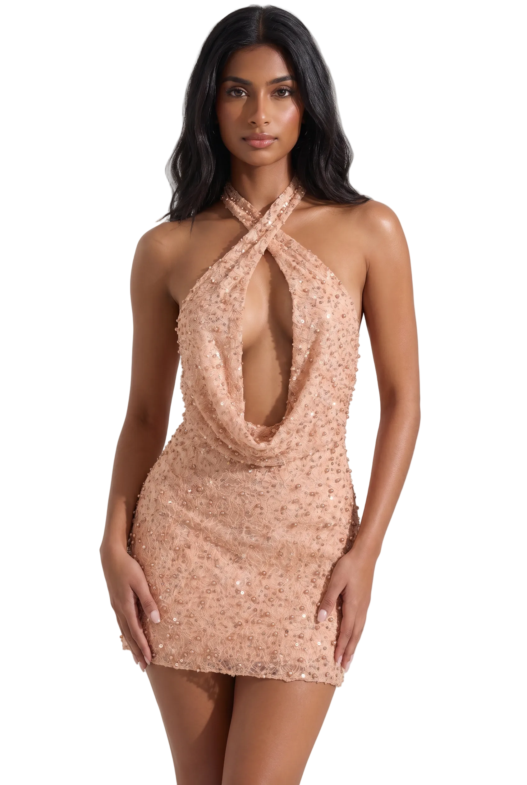 Blush Embellished Halter Mini Dress with Open Back