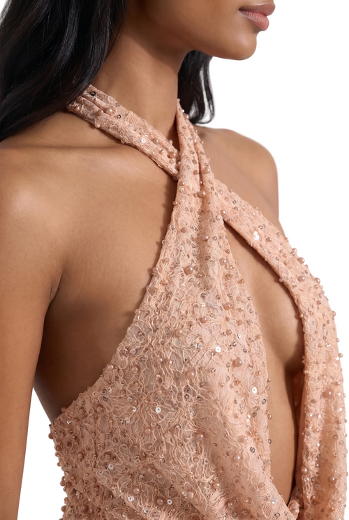 Blush Embellished Halter Mini Dress with Open Back