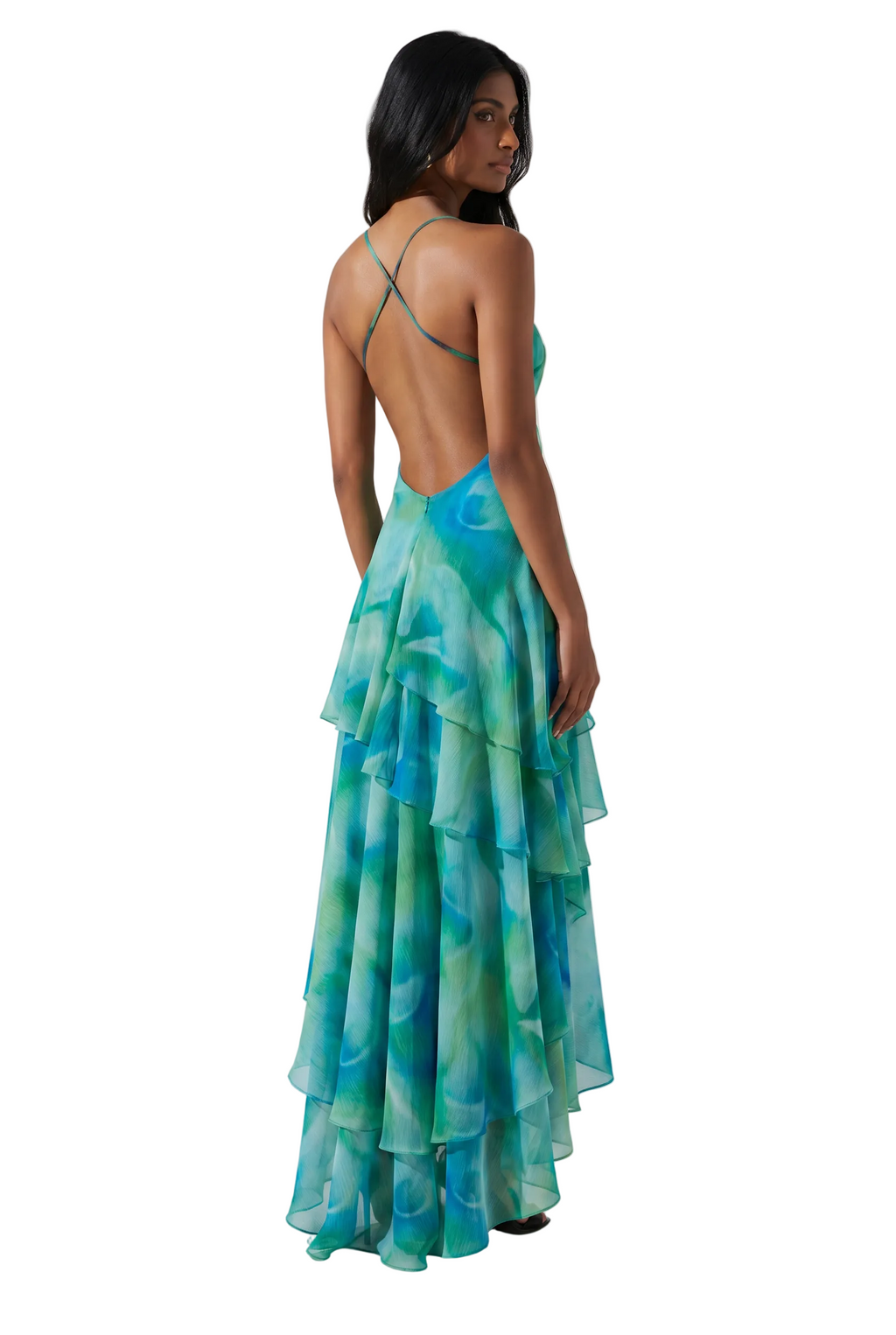 Ocean Mist Ruffle High-Low Maxi Dress
