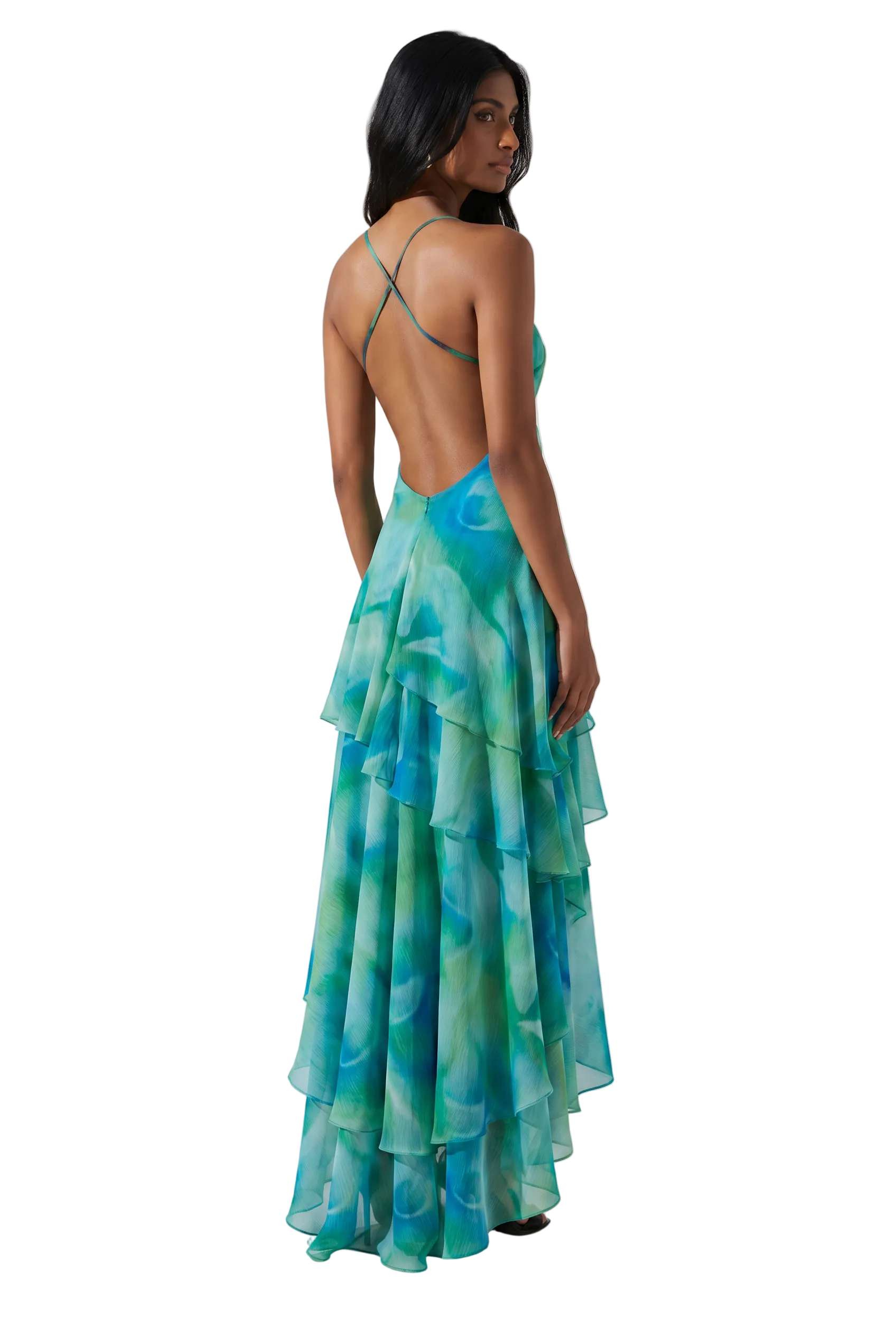 Ocean Mist Ruffle High-Low Maxi Dress