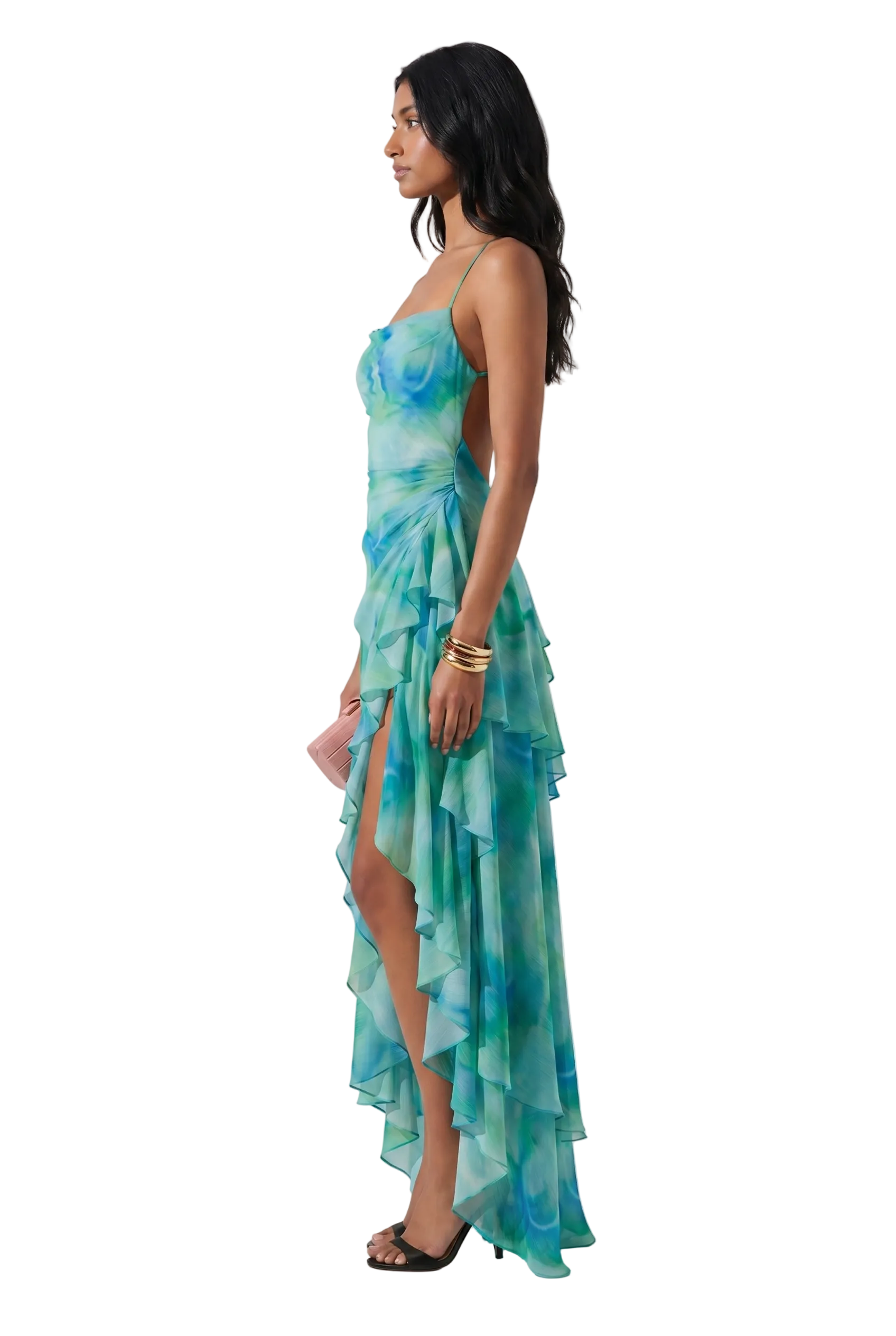 Ocean Mist Ruffle High-Low Maxi Dress