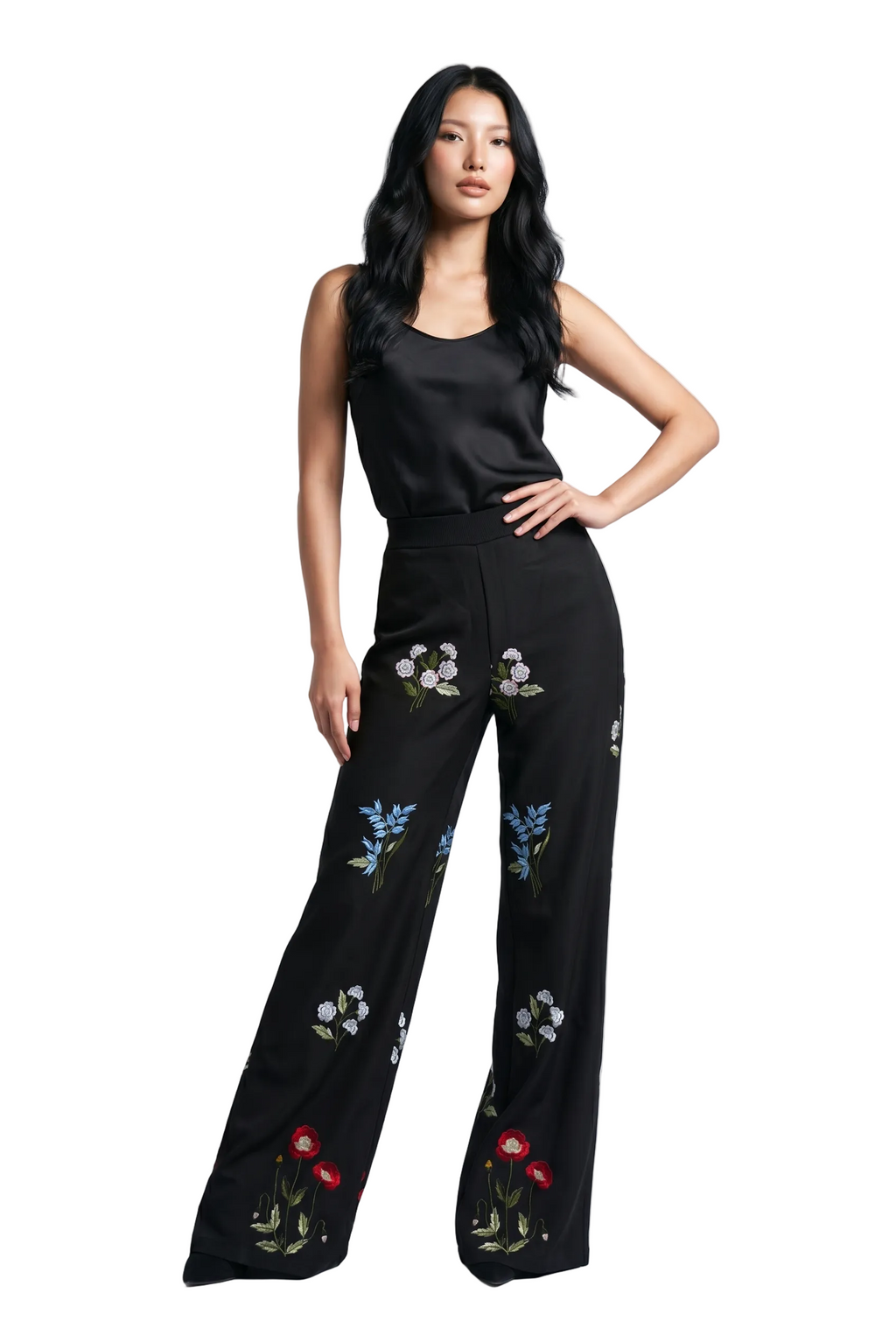 Midnight Bloom Embroidered Wide-Leg Pants
