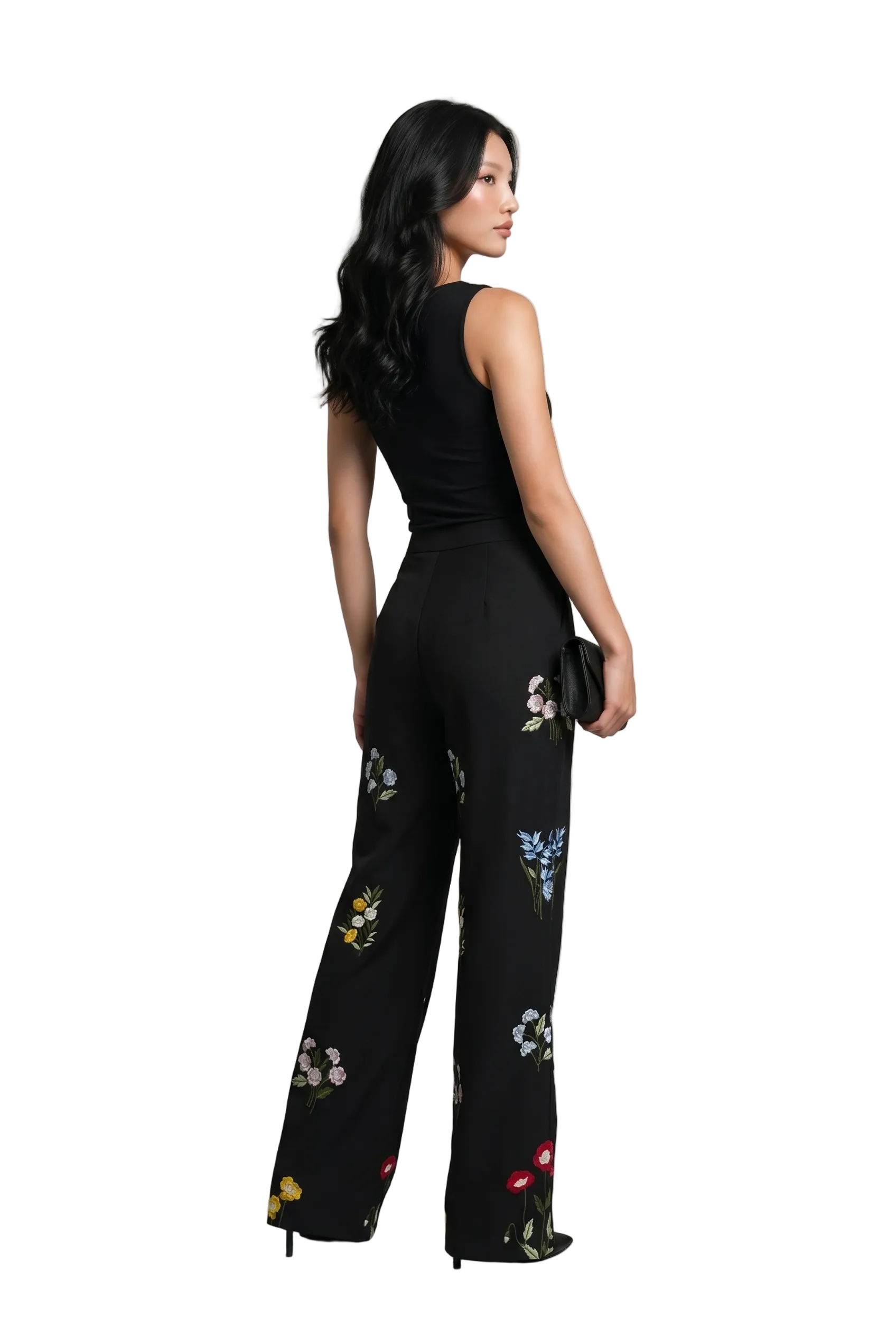 Midnight Bloom Embroidered Wide-Leg Pants