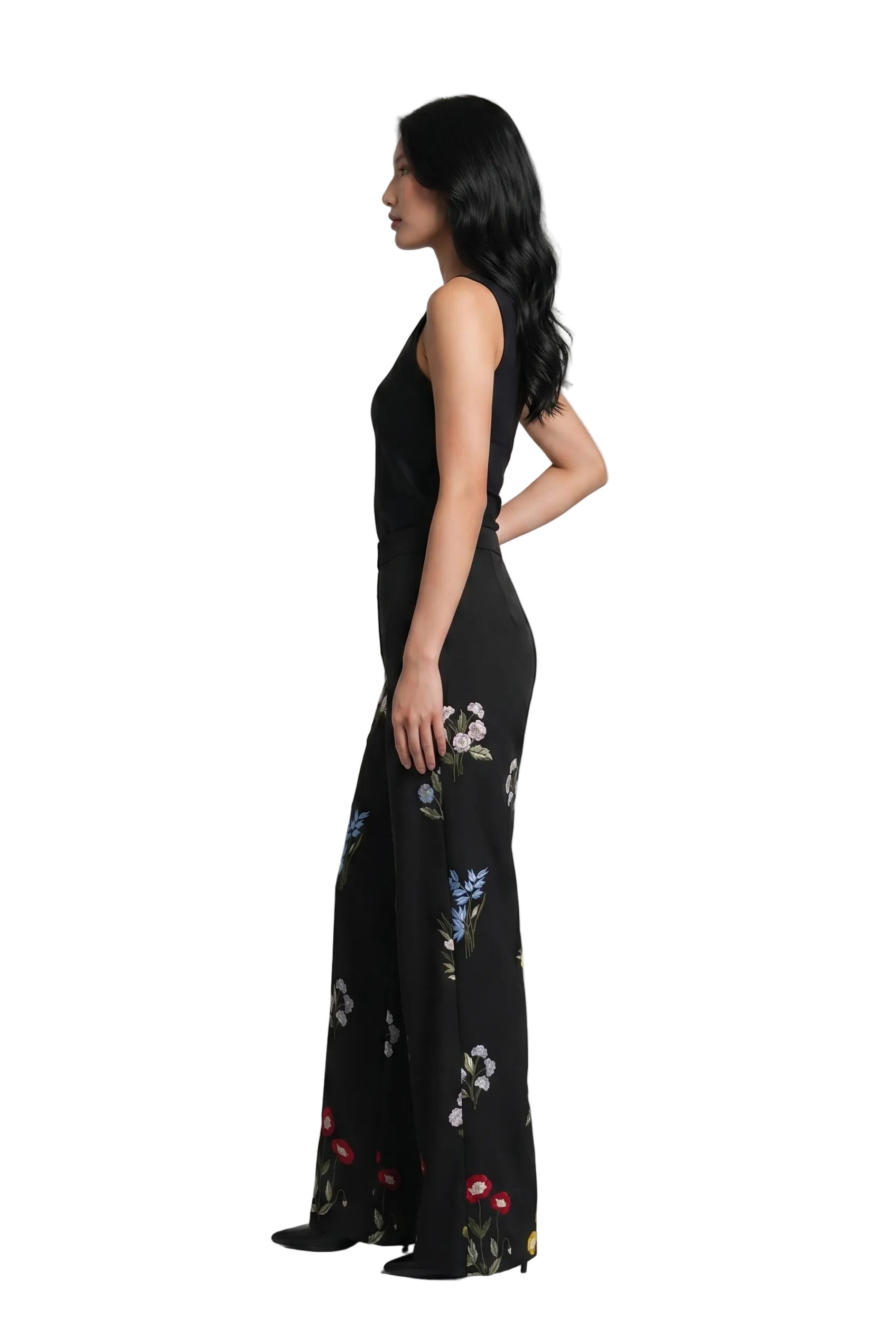 Midnight Bloom Embroidered Wide-Leg Pants