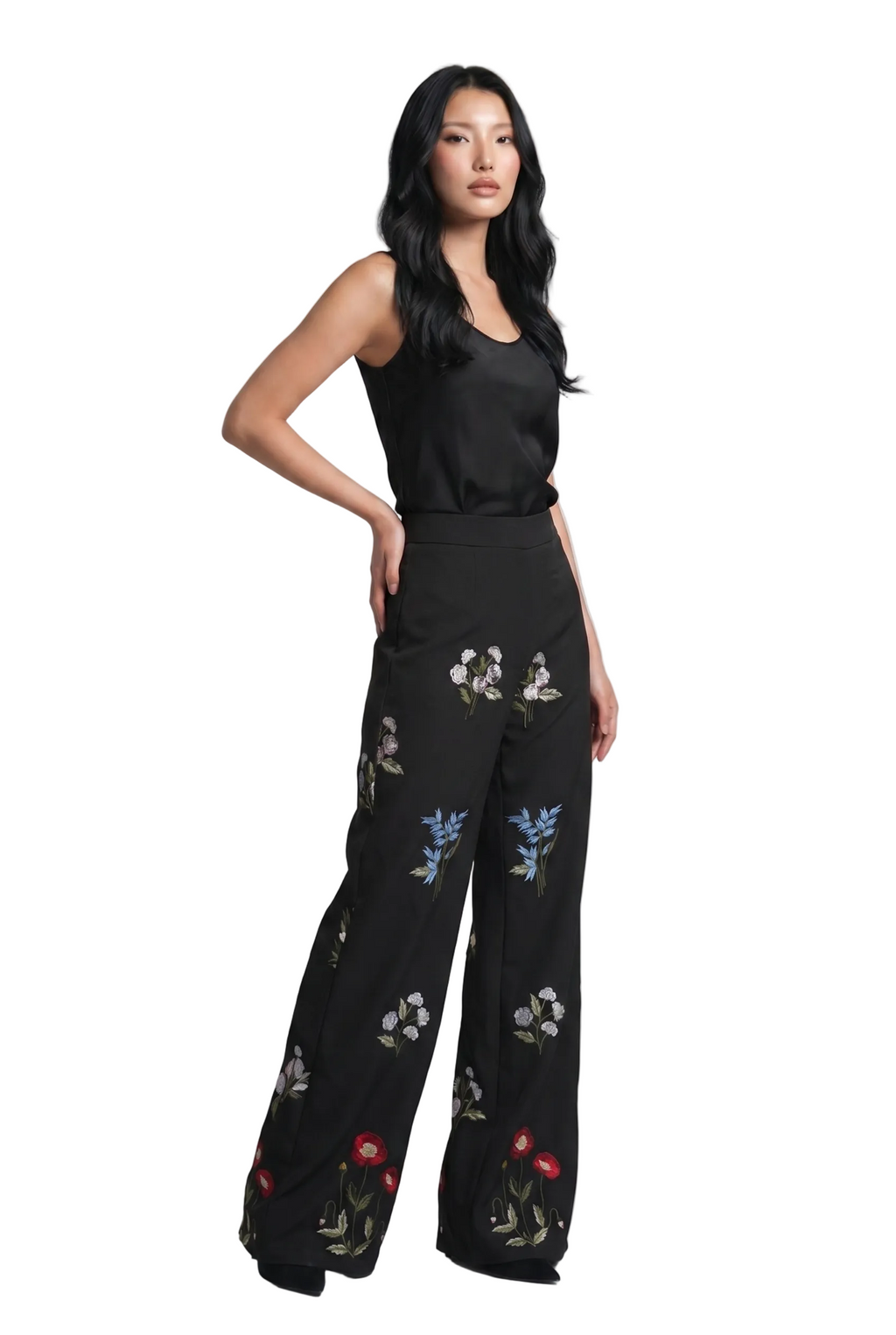Midnight Bloom Embroidered Wide-Leg Pants